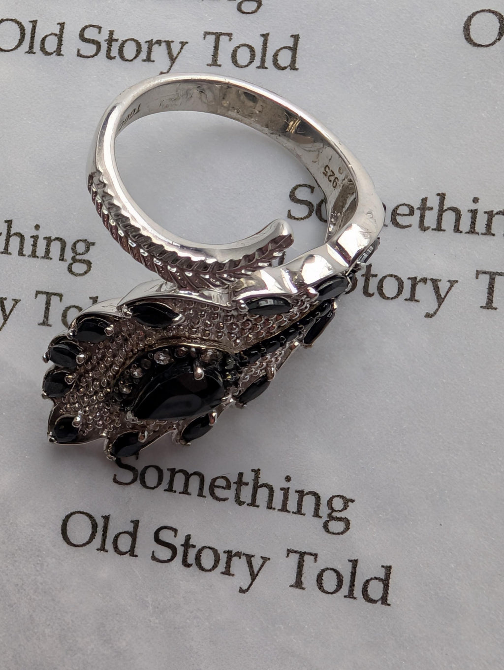 Black Spinel Sterling Silver Angel Wing Ring, Gothic Feather Wrap Statement Ring, 925 Silver Dark Romance Large Armor Ring, Size R __etsy:7987514607