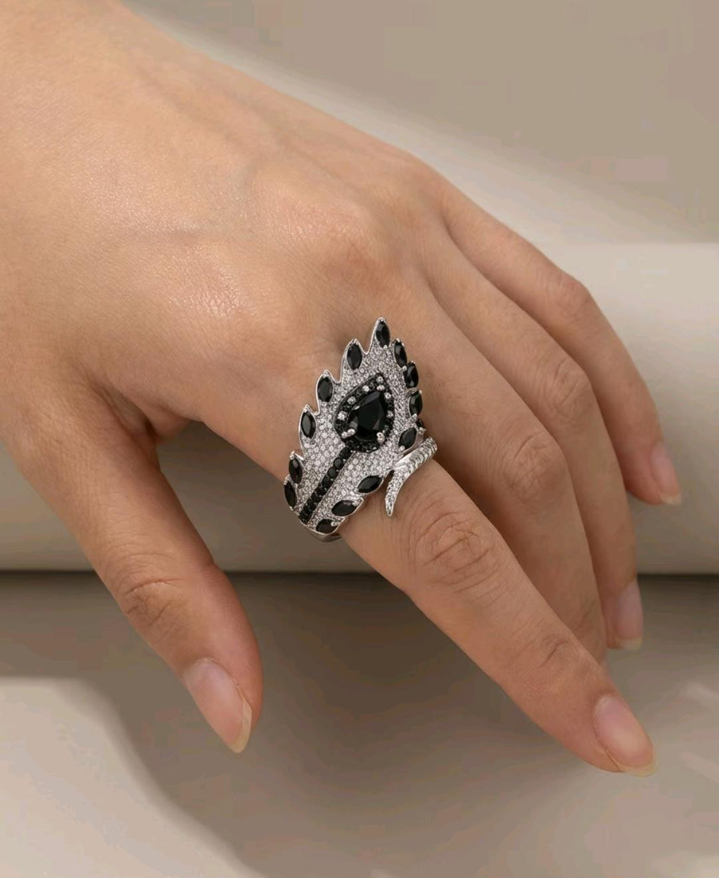 Black Spinel Sterling Silver Angel Wing Ring, Gothic Feather Wrap Statement Ring, 925 Silver Dark Romance Large Armor Ring, Size R __etsy:7987514521
