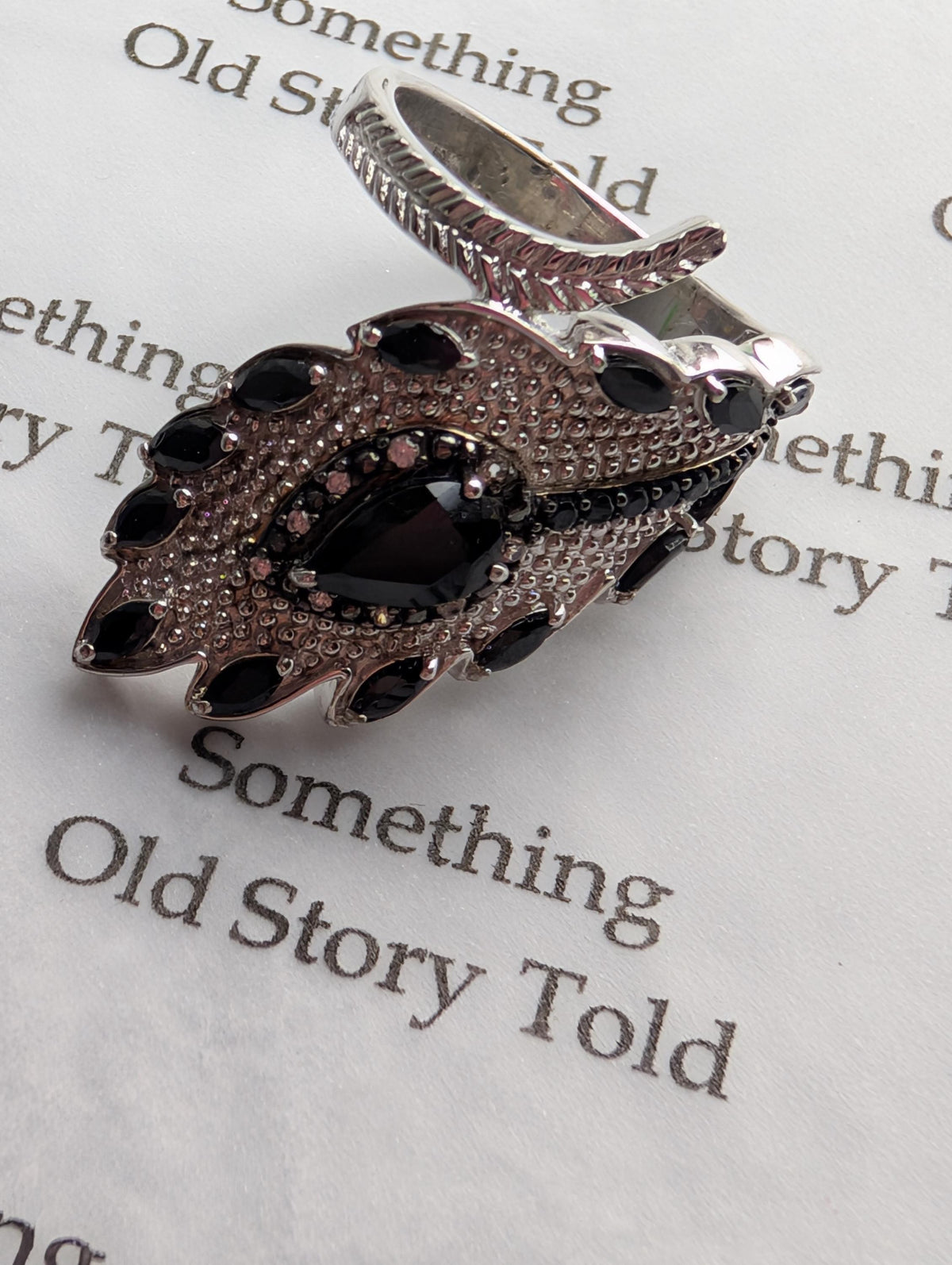 Black Spinel Sterling Silver Angel Wing Ring, Gothic Feather Wrap Statement Ring, 925 Silver Dark Romance Large Armor Ring, Size R __etsy:7939557680