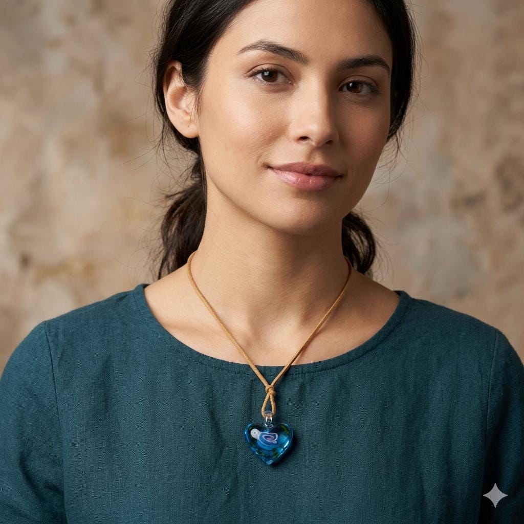 Murano Style Blue Glass Heart Pendant Necklace, Hand Blown Aqua Glass Heart Charm, Beachy Coastal Boho Jewelry, Romantic Gift for Her __etsy:8175877863