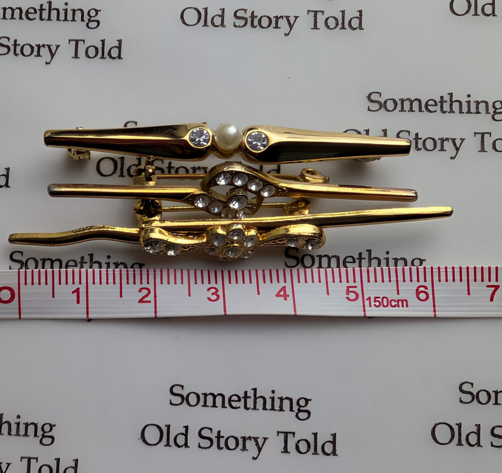 Set of 3 Vintage Gold Tone Bar Brooches | Faux Pearl Crystal Lapel Pins __etsy:8032832369