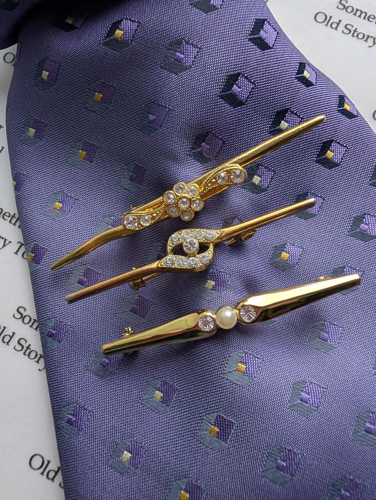 Set of 3 Vintage Gold Tone Bar Brooches | Faux Pearl Crystal Lapel Pins __etsy:7984891360