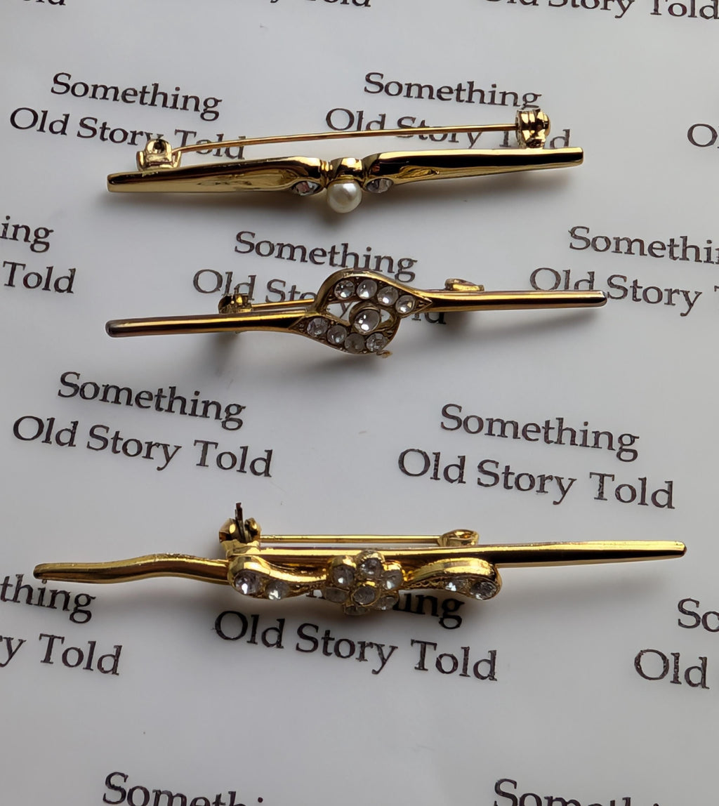 Set of 3 Vintage Gold Tone Bar Brooches | Faux Pearl Crystal Lapel Pins __etsy:8032832351