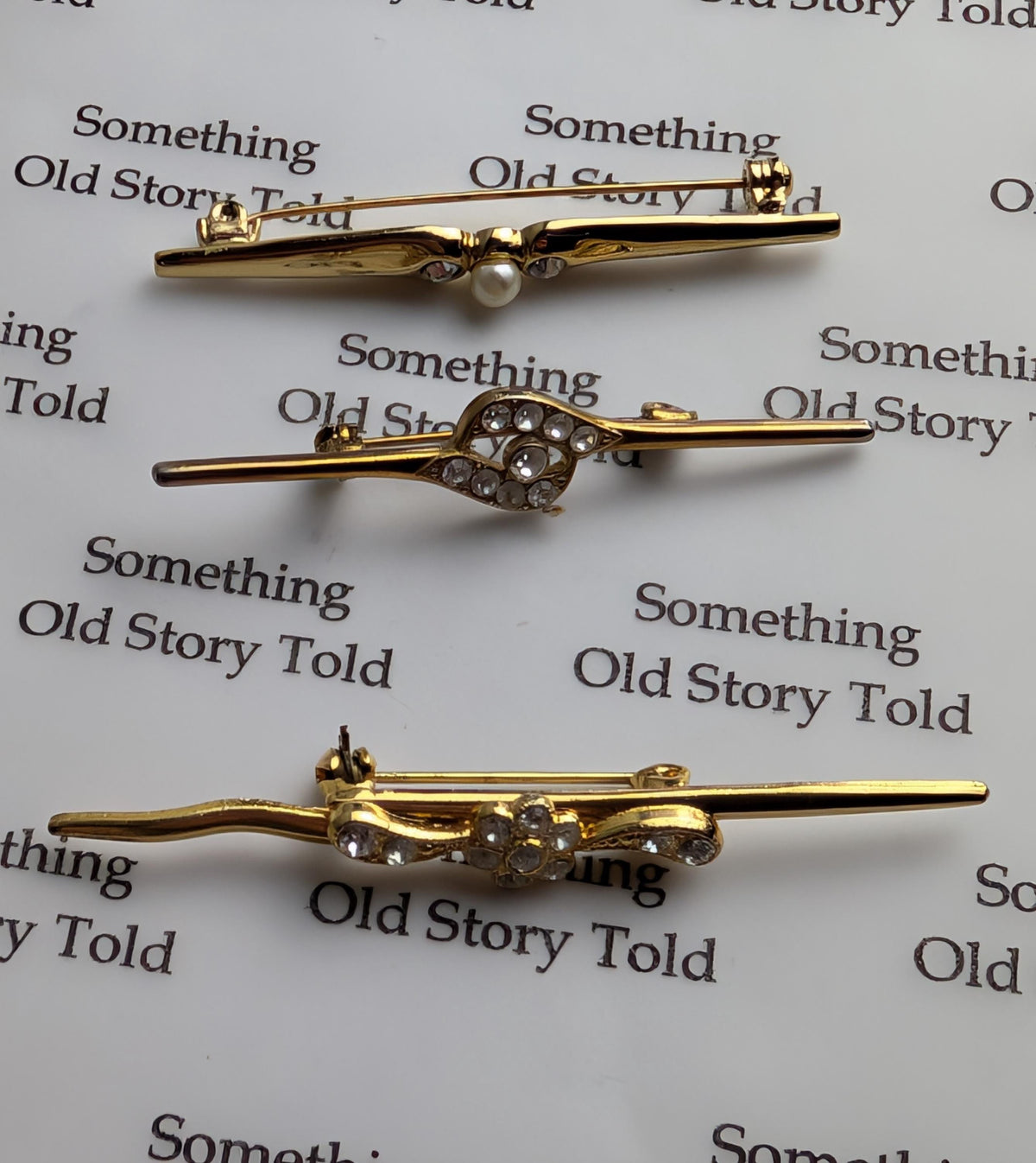 Set of 3 Vintage Gold Tone Bar Brooches | Faux Pearl Crystal Lapel Pins __etsy:8032832351