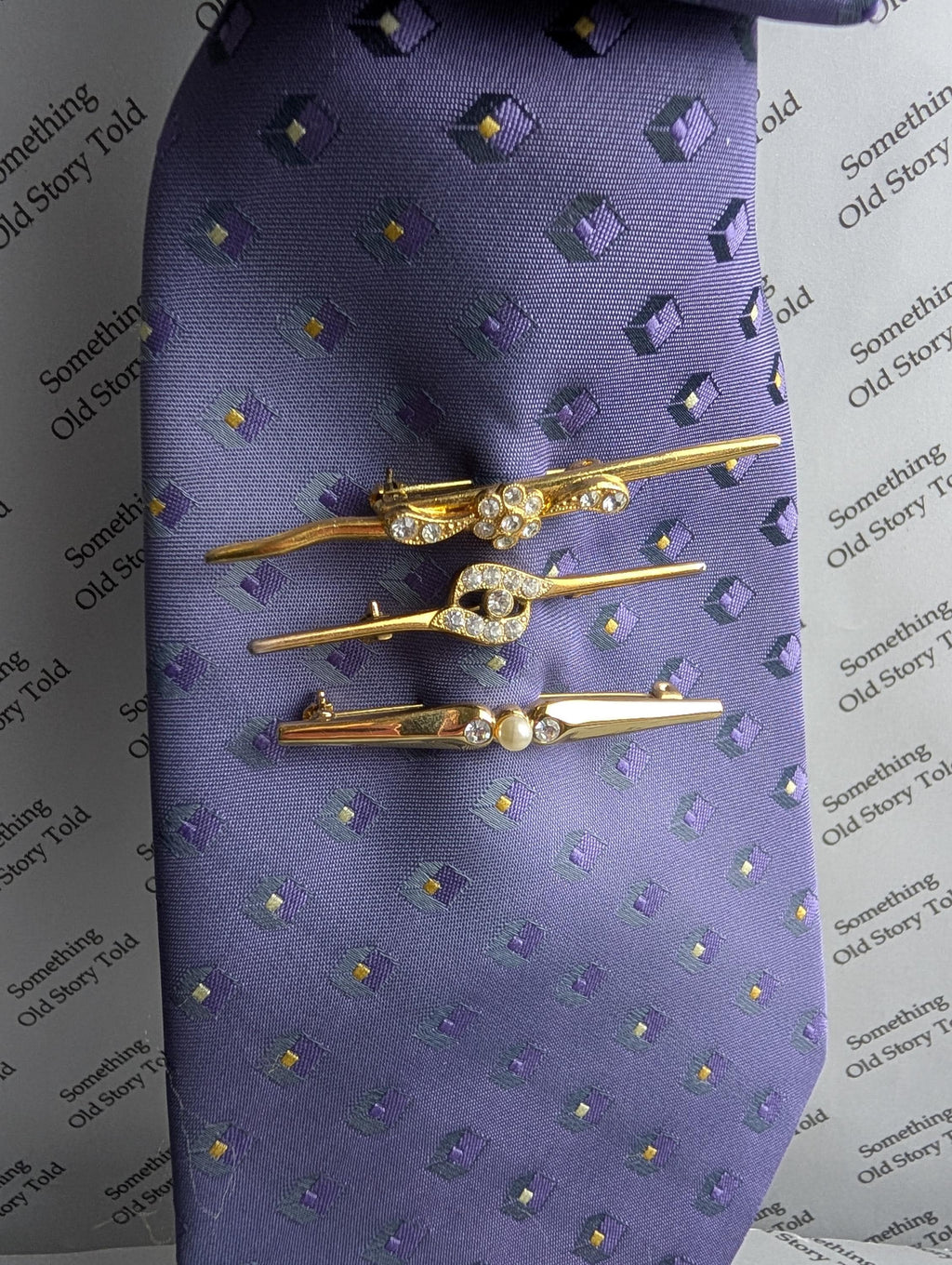 Set of 3 Vintage Gold Tone Bar Brooches | Faux Pearl Crystal Lapel Pins __etsy:8032832417