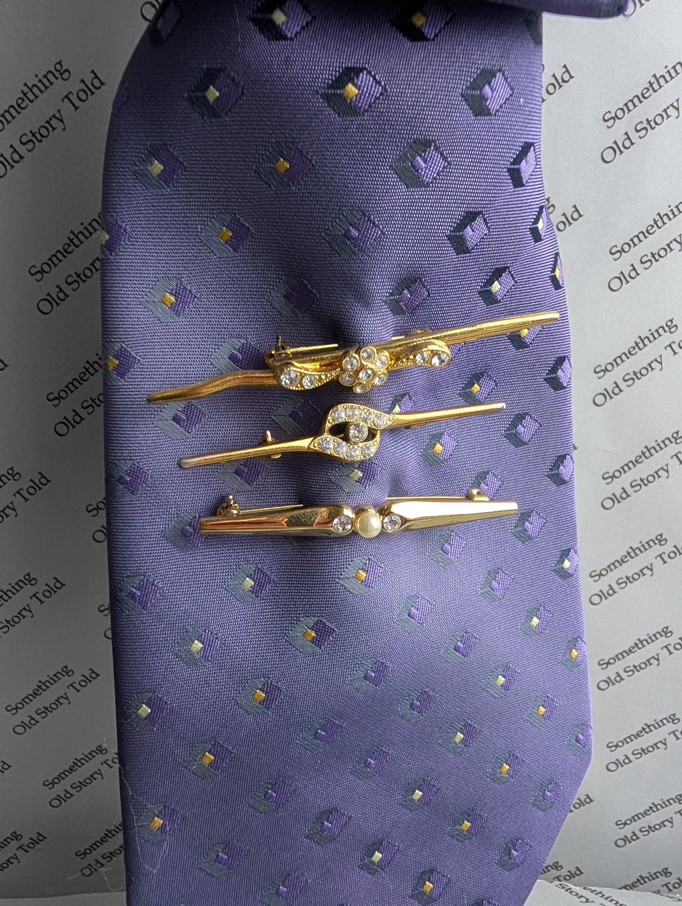 Set of 3 Vintage Gold Tone Bar Brooches | Faux Pearl Crystal Lapel Pins __etsy:8032832417