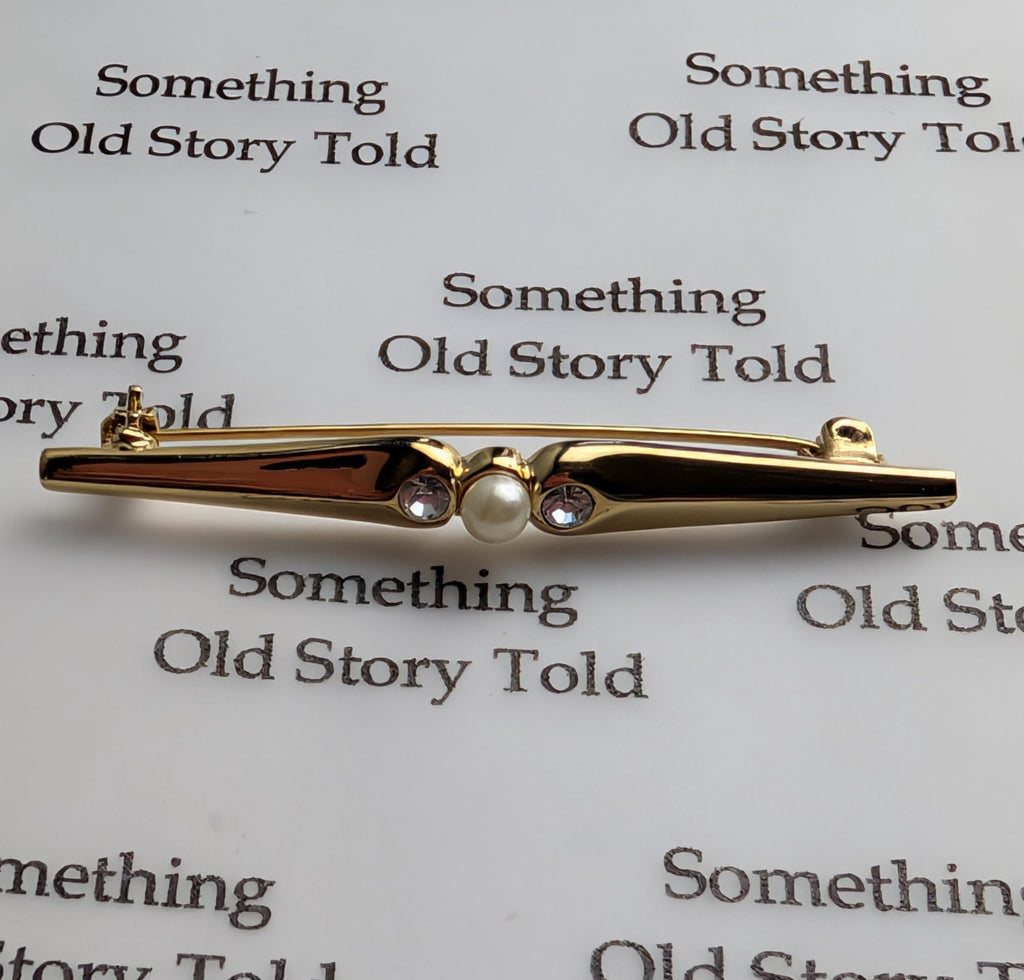 Set of 3 Vintage Gold Tone Bar Brooches | Faux Pearl Crystal Lapel Pins __etsy:7984891284