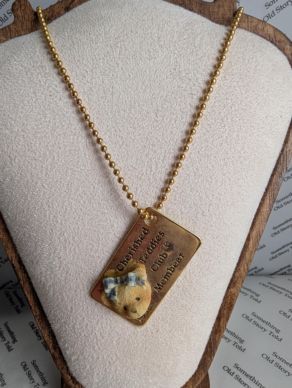 Vintage 1998 Cherished Teddies Club Necklace, Gold Tone Membear Dog Tag Pendant, Enesco 90s Nostalgia Teddy Bear Ball Chain Jewellery, Cute __etsy:8183012885
