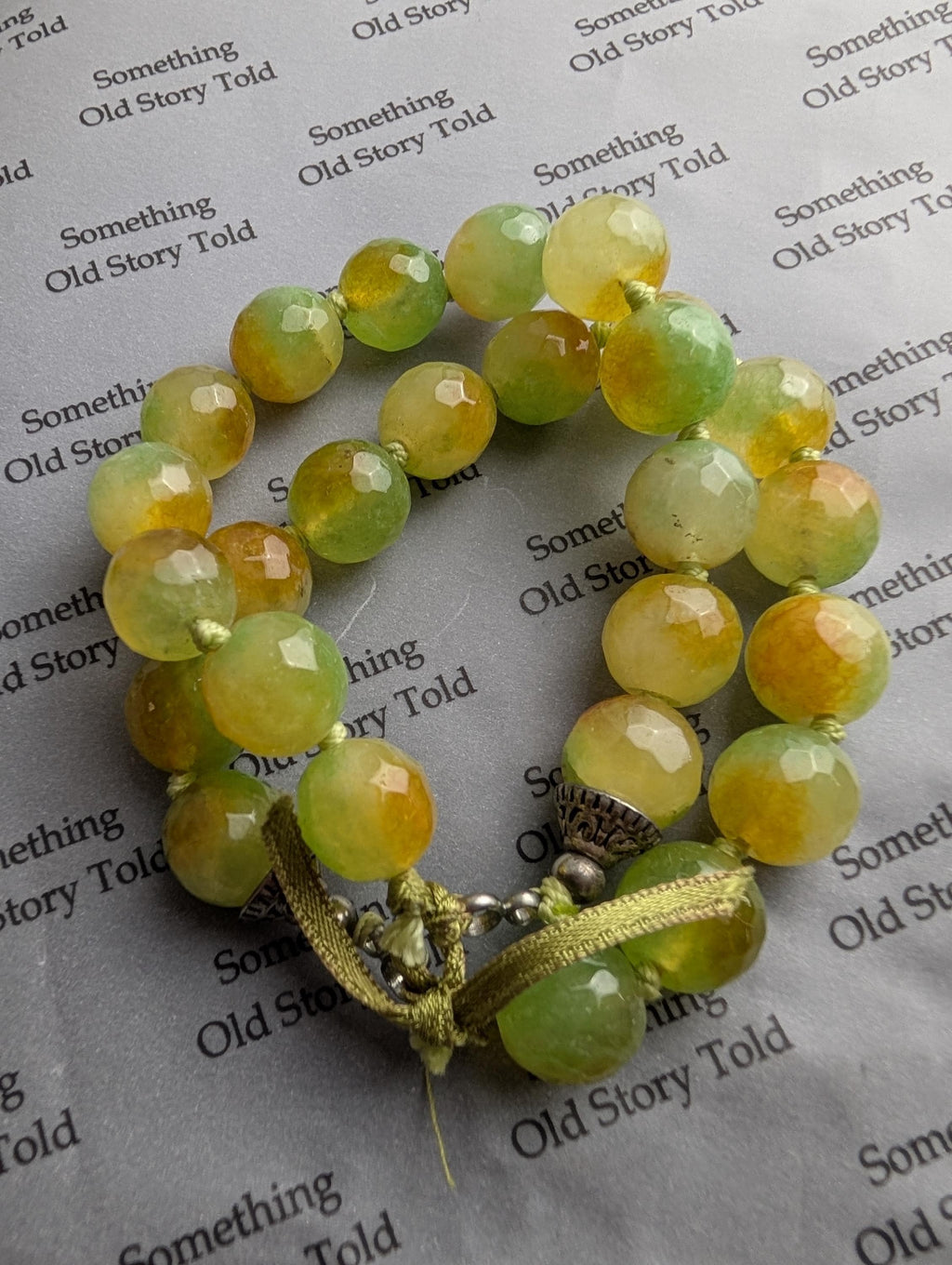 Vintage Faceted Dragon Vein Agate Bracelet | Green & Amber Gemstone Beads | Boho Hand-Knotted Jewelry __etsy:8051099411