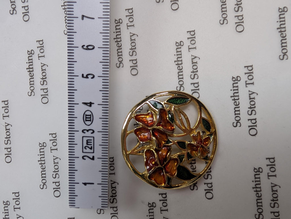 Vintage Gold Tone Enamel Flower Brooch, Round Openwork Botanical Pin __etsy:7943928740