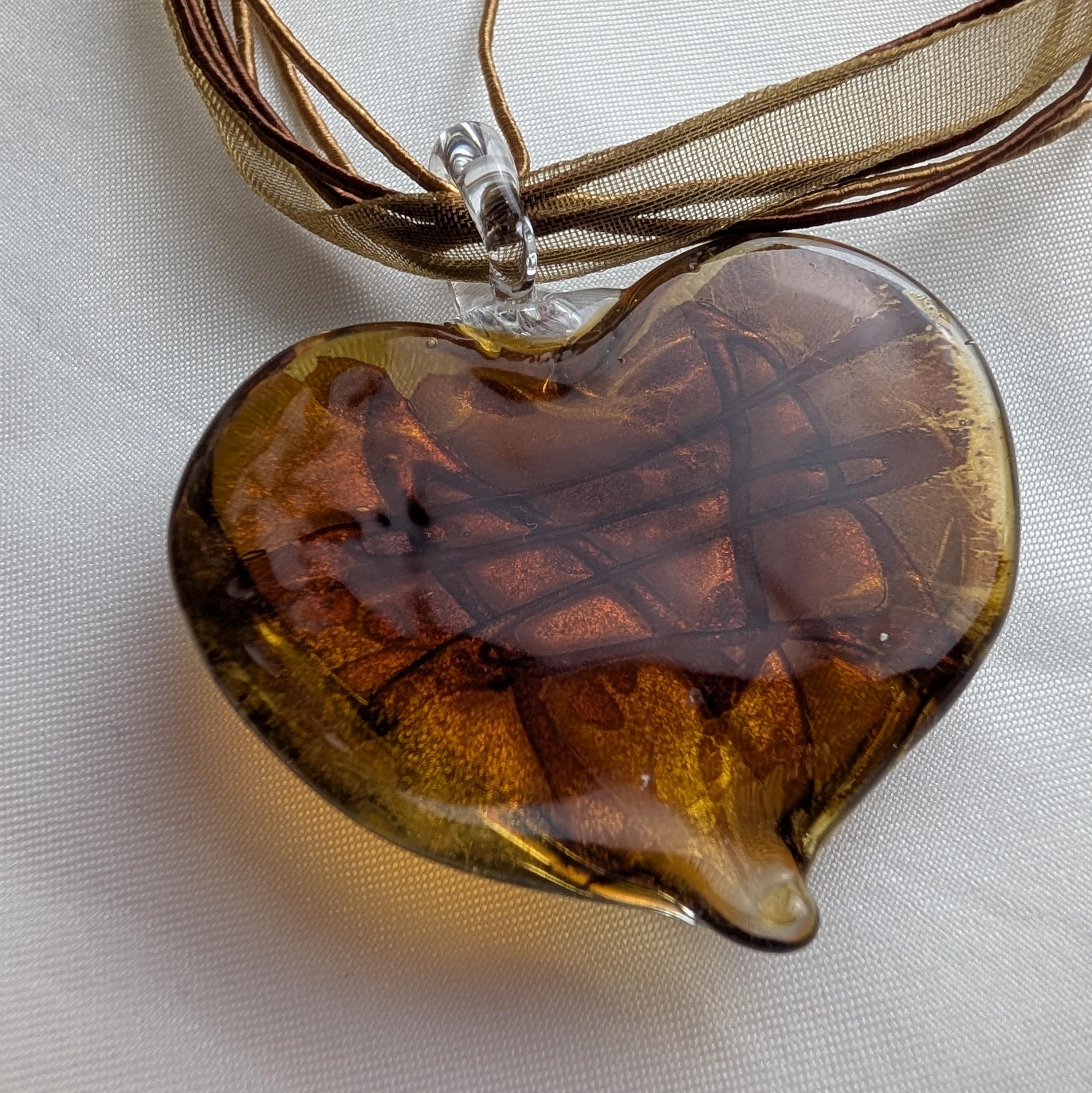 Vintage Murano Style Glass Heart Pendant Necklace, Y2K Aventurine Lampwork, Boho Ribbon Choker __etsy:8140298231
