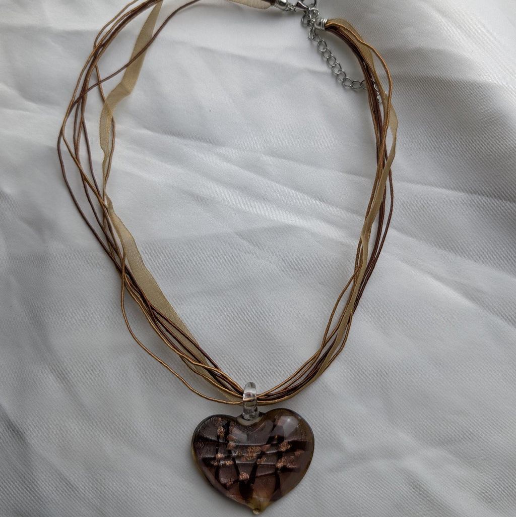 Vintage Murano Style Glass Heart Pendant Necklace, Y2K Aventurine Lampwork, Boho Ribbon Choker __etsy:8092390382