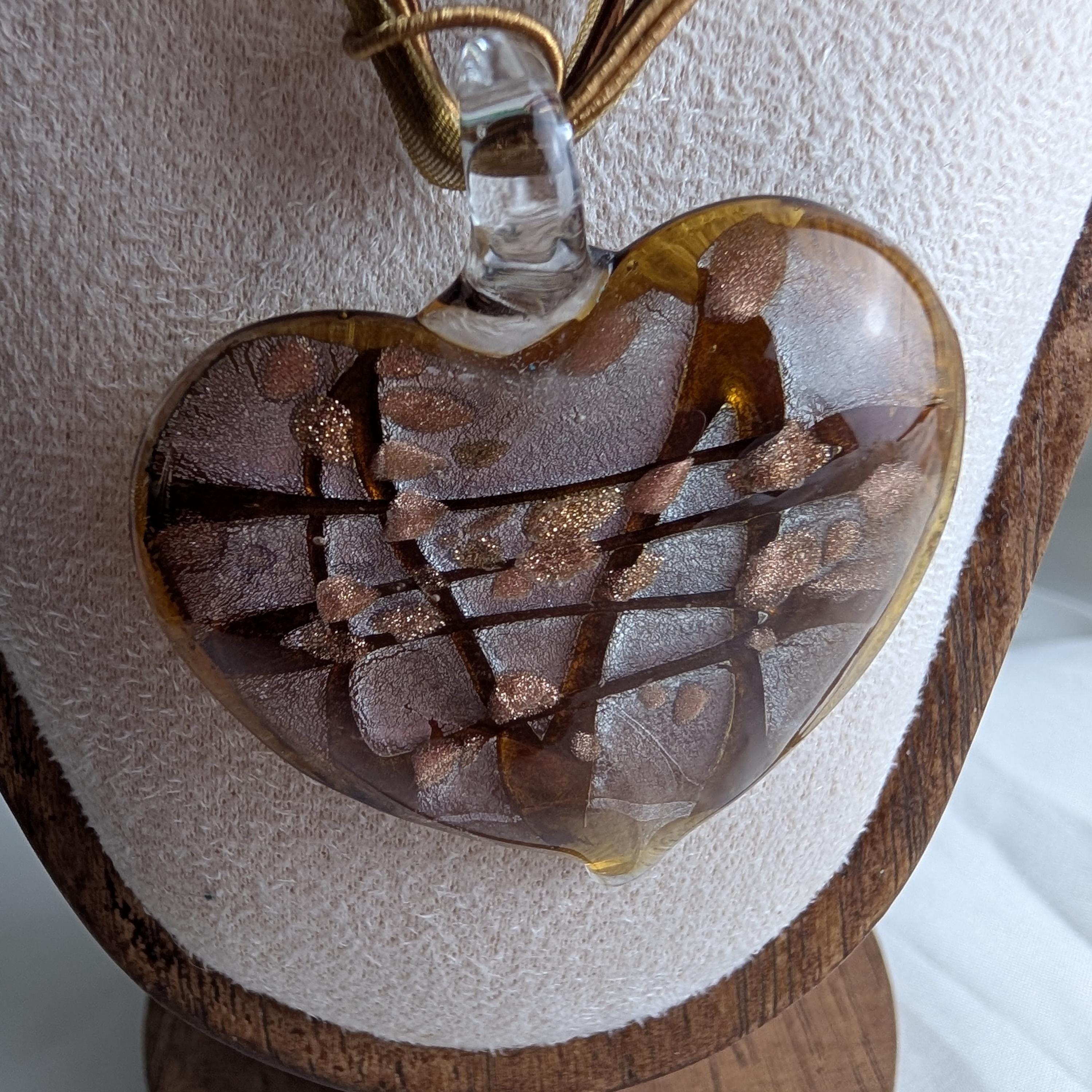 Vintage Murano Style Glass Heart Pendant Necklace, Y2K Aventurine Lampwork, Boho Ribbon Choker __etsy:8092390386