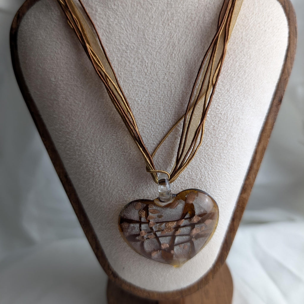 Vintage Murano Style Glass Heart Pendant Necklace, Y2K Aventurine Lampwork, Boho Ribbon Choker __etsy:8092390320