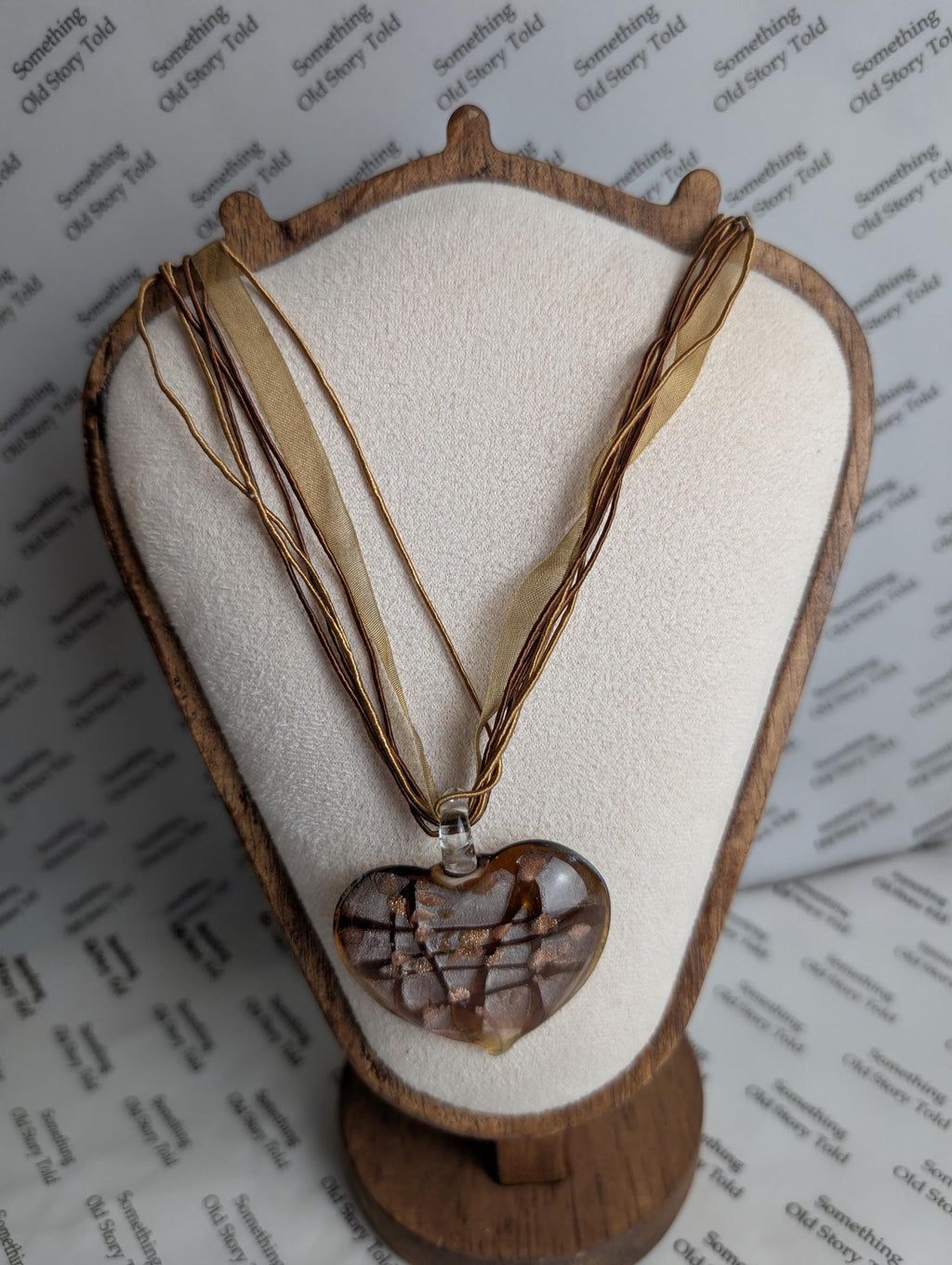 Vintage Murano Style Glass Heart Pendant Necklace, Y2K Aventurine Lampwork, Boho Ribbon Choker __etsy:8092390354