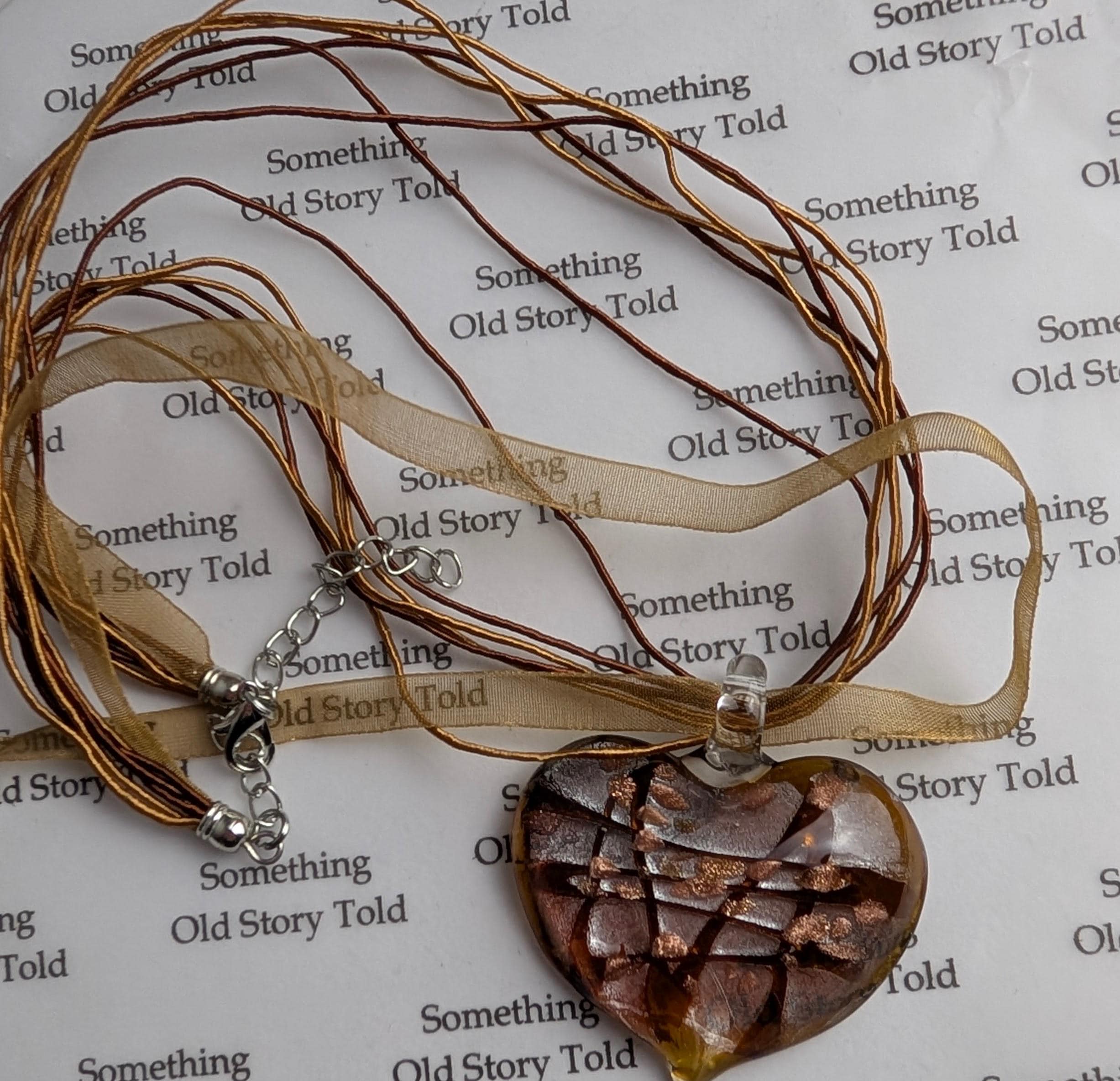 Vintage Murano Style Glass Heart Pendant Necklace, Y2K Aventurine Lampwork, Boho Ribbon Choker __etsy:8092390438