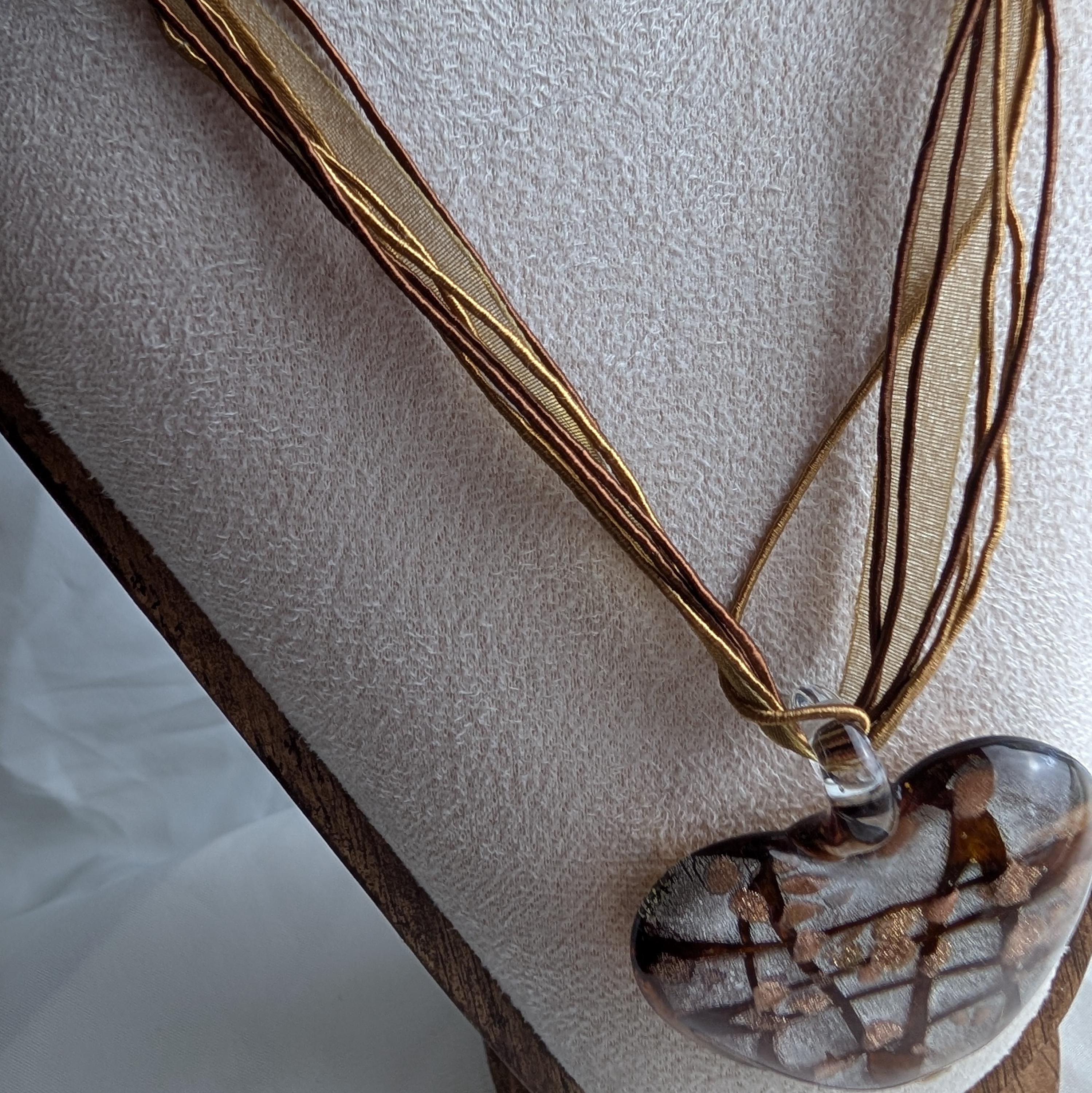 Vintage Murano Style Glass Heart Pendant Necklace, Y2K Aventurine Lampwork, Boho Ribbon Choker __etsy:8092390360