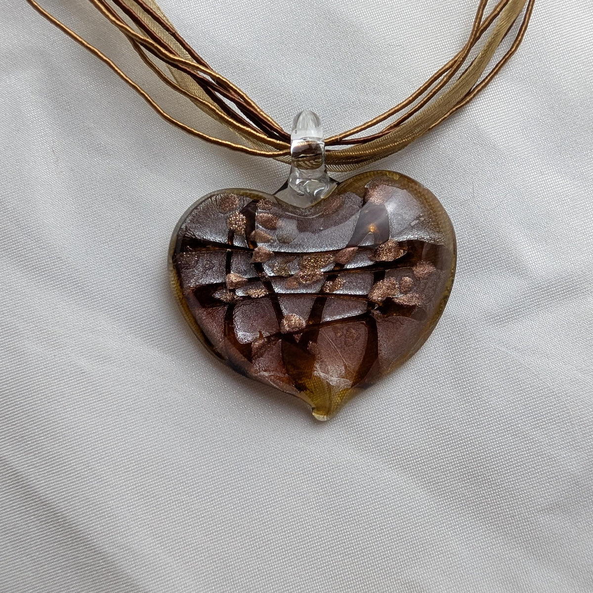Vintage Murano Style Glass Heart Pendant Necklace, Y2K Aventurine Lampwork, Boho Ribbon Choker __etsy:8092390396