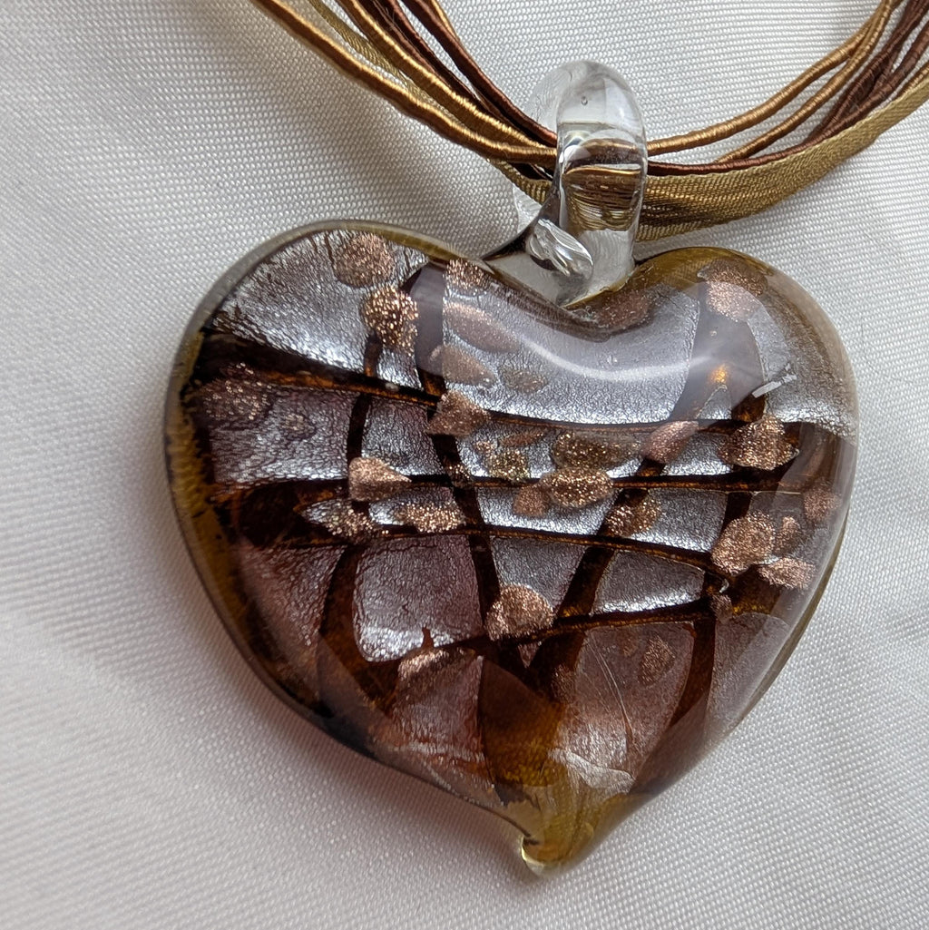 Vintage Murano Style Glass Heart Pendant Necklace, Y2K Aventurine Lampwork, Boho Ribbon Choker __etsy:8140298229