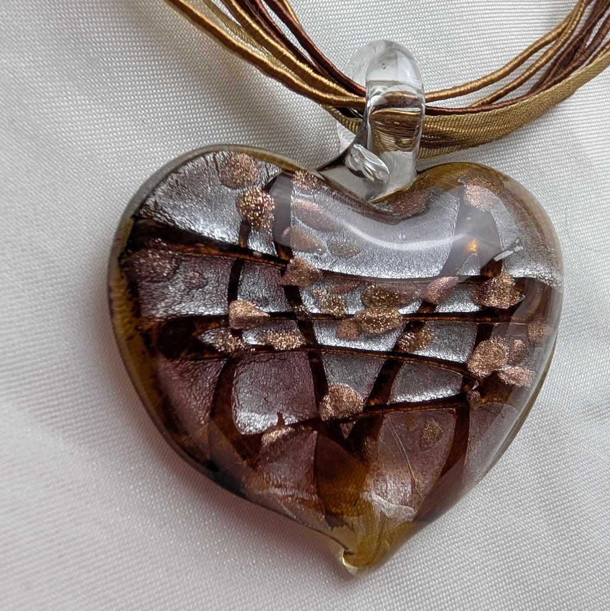 Vintage Murano Style Glass Heart Pendant Necklace, Y2K Aventurine Lampwork, Boho Ribbon Choker __etsy:8140298229