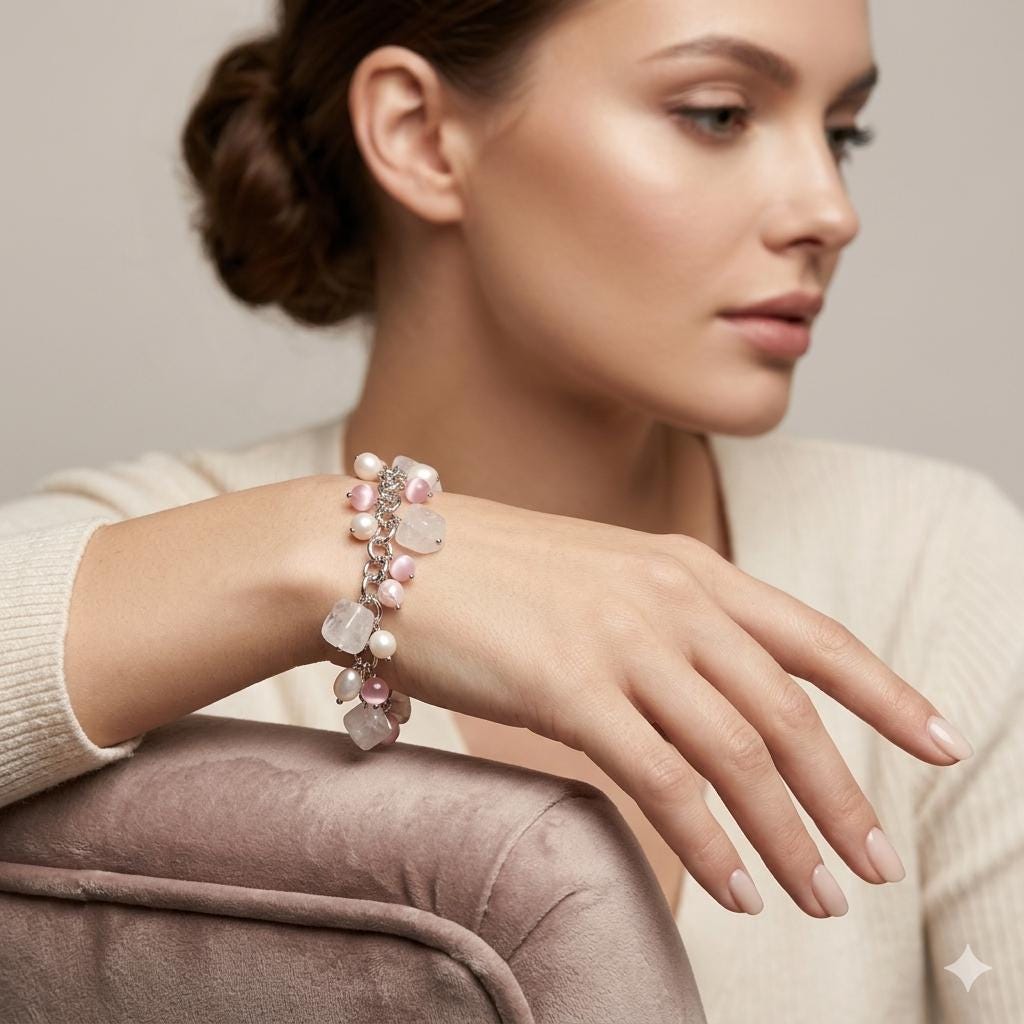 Vintage Pink Cat's Eye Quartz Charm Bracelet, Freshwater Pearl Beaded Bracelet, Soft Girl Aesthetic Jewelry, Romantic Pastels Chunky Gift __etsy:8125104754
