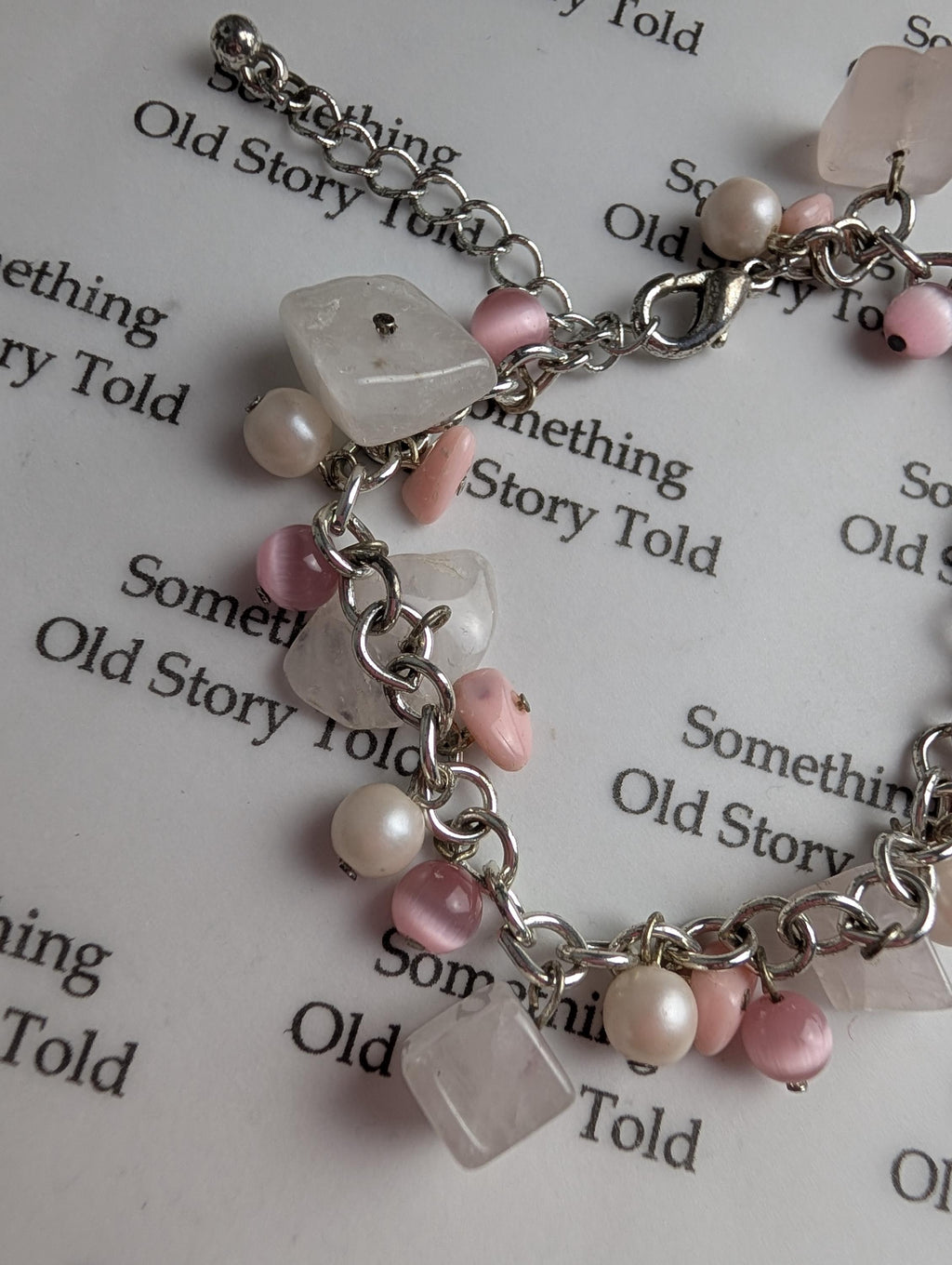 Vintage Pink Cat's Eye Quartz Charm Bracelet, Freshwater Pearl Beaded Bracelet, Soft Girl Aesthetic Jewelry, Romantic Pastels Chunky Gift __etsy:8125098746