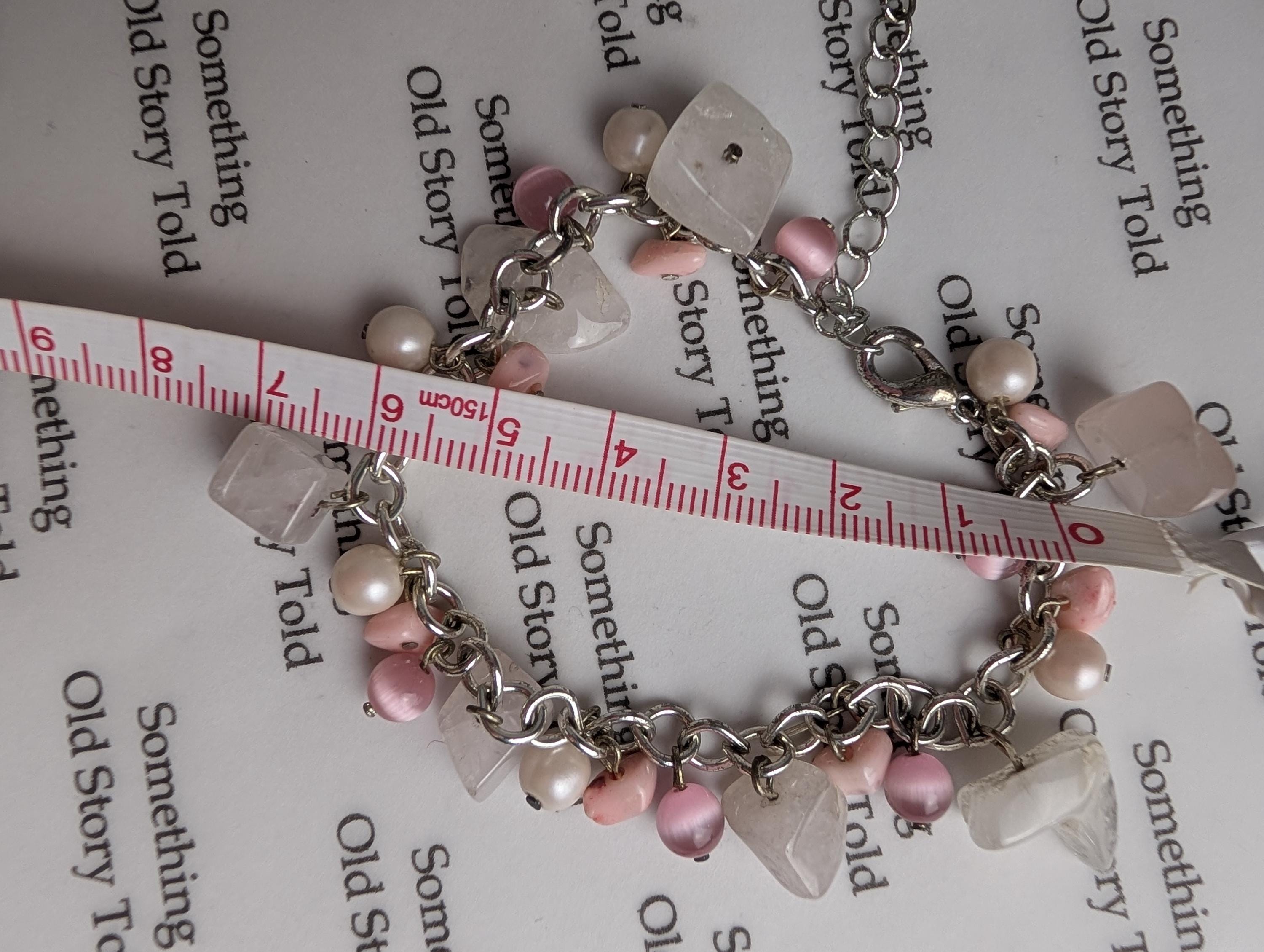 Vintage Pink Cat's Eye Quartz Charm Bracelet, Freshwater Pearl Beaded Bracelet, Soft Girl Aesthetic Jewelry, Romantic Pastels Chunky Gift __etsy:8125098754
