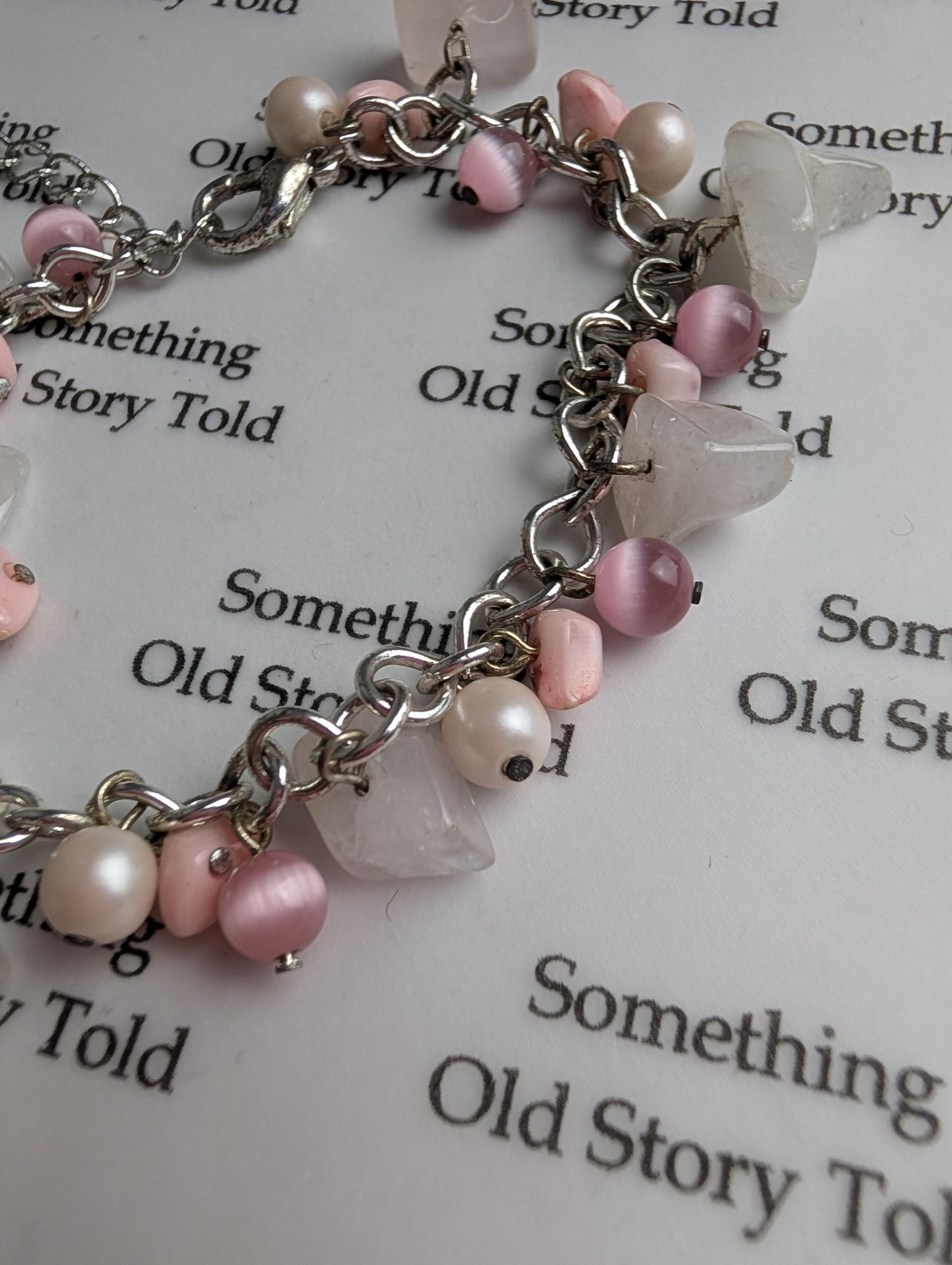 Vintage Pink Cat's Eye Quartz Charm Bracelet, Freshwater Pearl Beaded Bracelet, Soft Girl Aesthetic Jewelry, Romantic Pastels Chunky Gift __etsy:8125098742