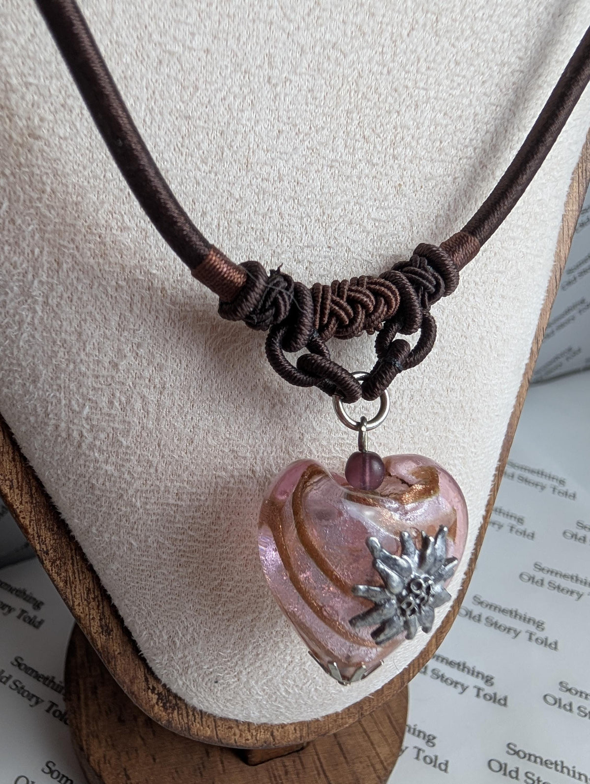 Vintage Pink Gold Foil Lampwork Glass Edelweiss Heart Necklace, Brown Cord Choker __etsy:8093200831