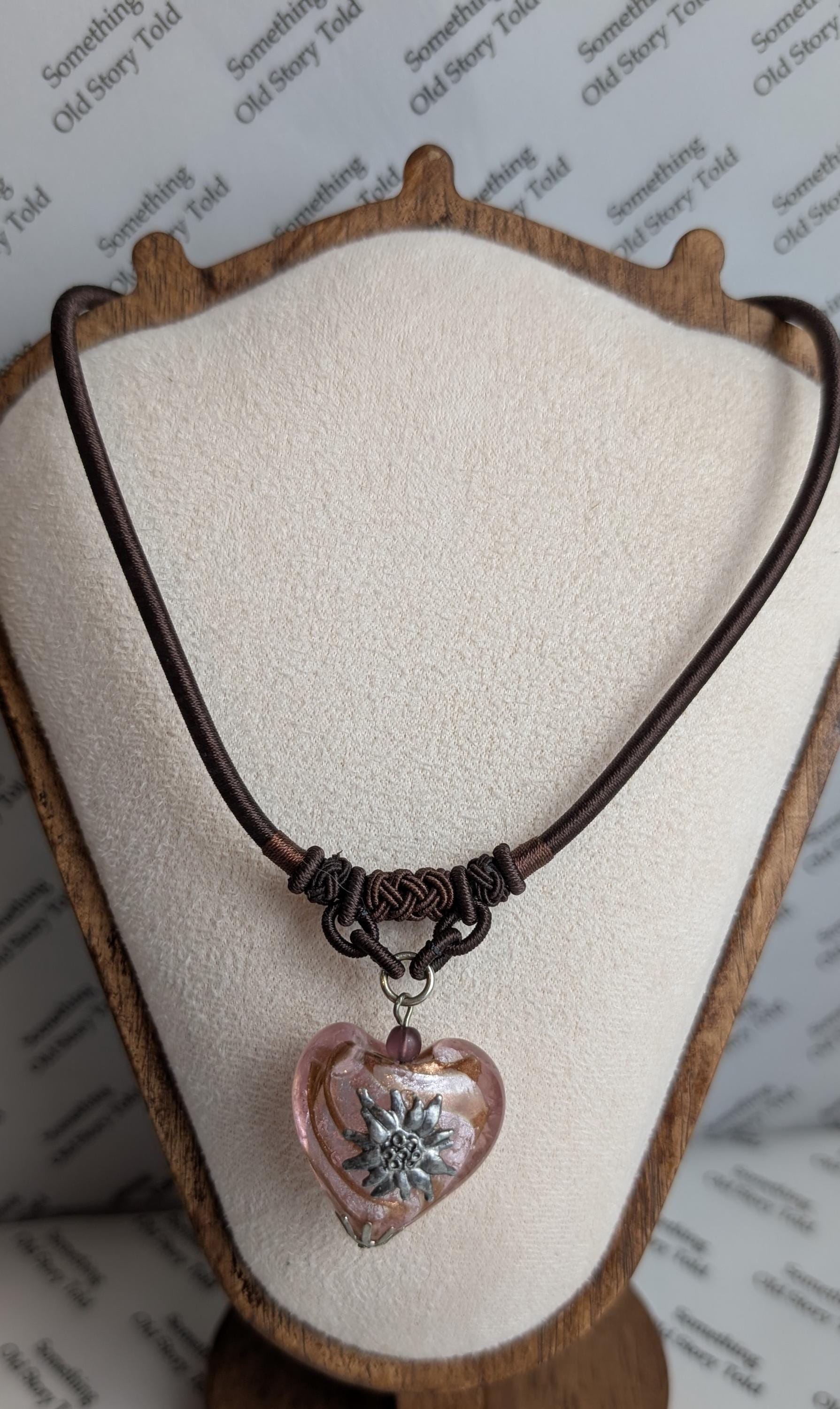 Vintage Pink Gold Foil Lampwork Glass Edelweiss Heart Necklace, Brown Cord Choker __etsy:8045288574