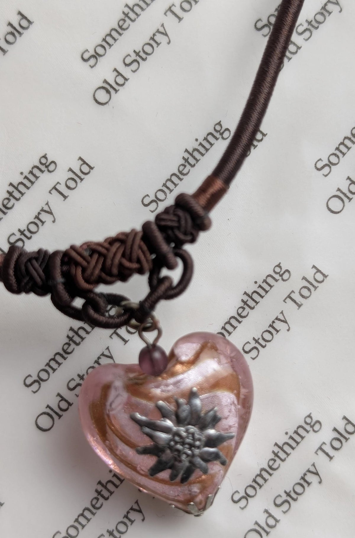 Vintage Pink Gold Foil Lampwork Glass Edelweiss Heart Necklace, Brown Cord Choker __etsy:8093200665