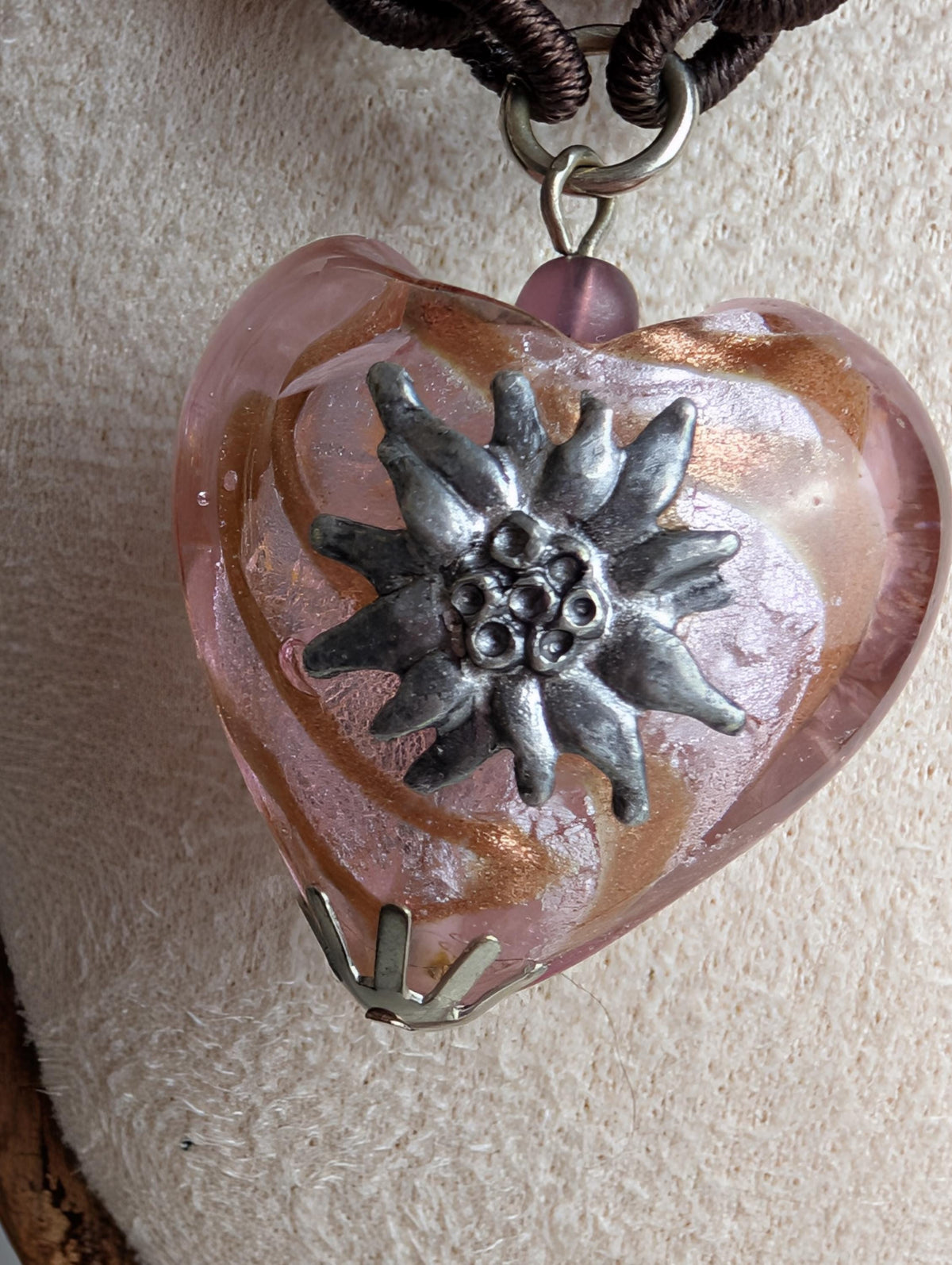 Vintage Pink Gold Foil Lampwork Glass Edelweiss Heart Necklace, Brown Cord Choker __etsy:8045288794