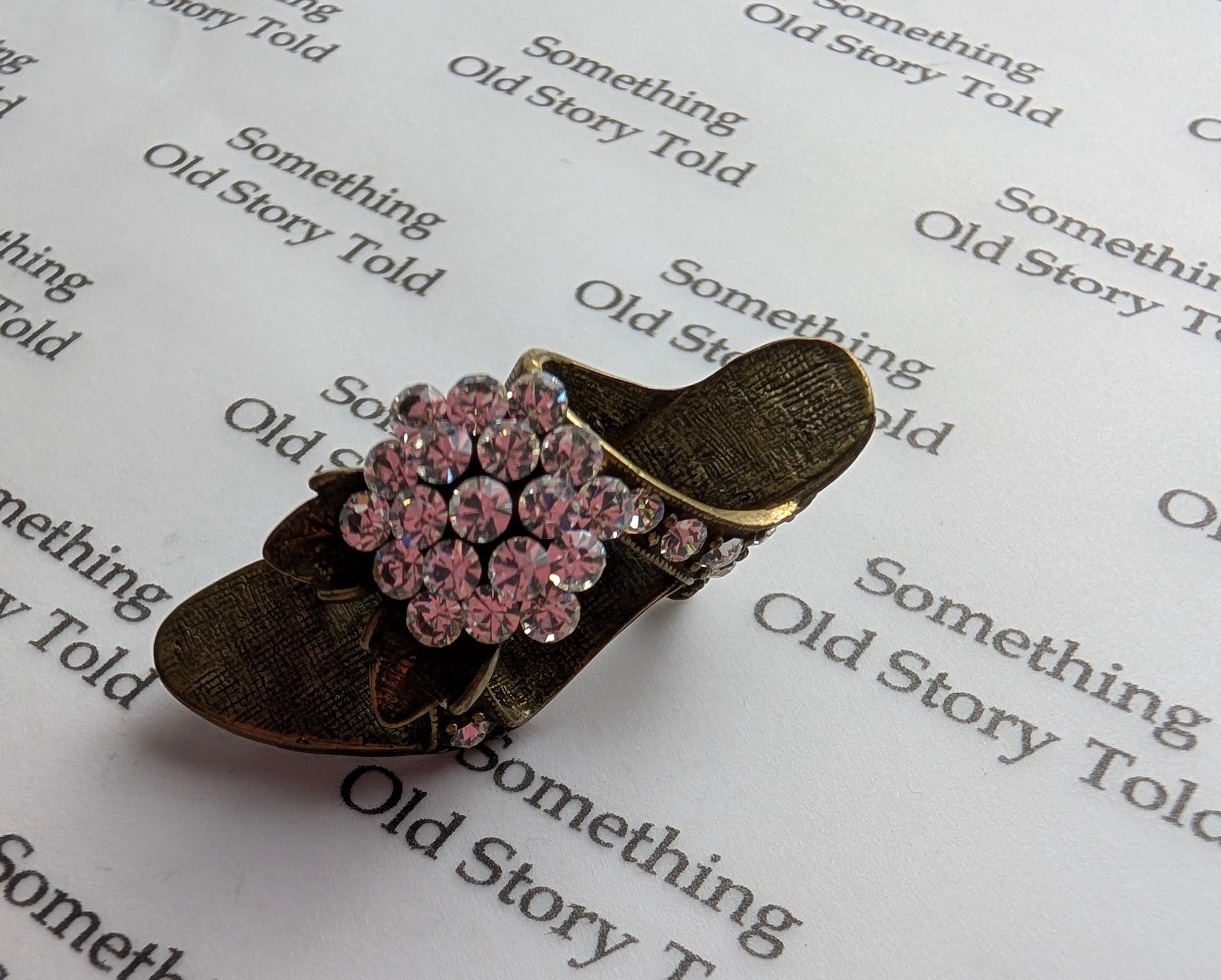 Vintage Rhinestone High Heel Brooch – Antiqued Brass Stiletto Sandal Pin 1980s Costume Jewellery __etsy:8088703293