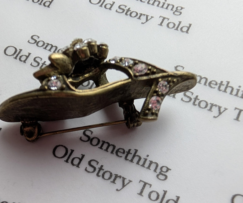 Vintage Rhinestone High Heel Brooch – Antiqued Brass Stiletto Sandal Pin 1980s Costume Jewellery __etsy:8040791060