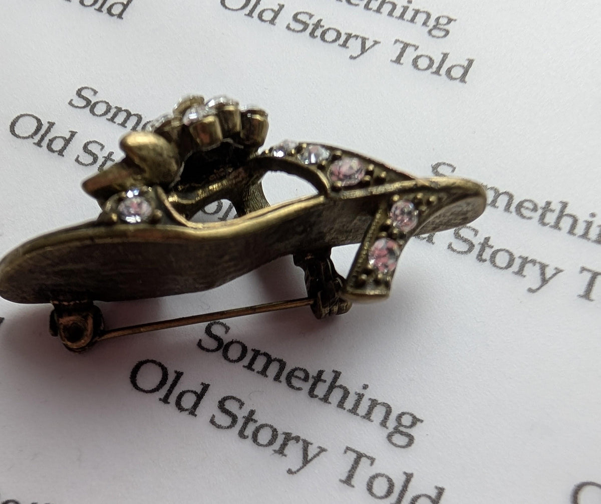 Vintage Rhinestone High Heel Brooch – Antiqued Brass Stiletto Sandal Pin 1980s Costume Jewellery __etsy:8040791060