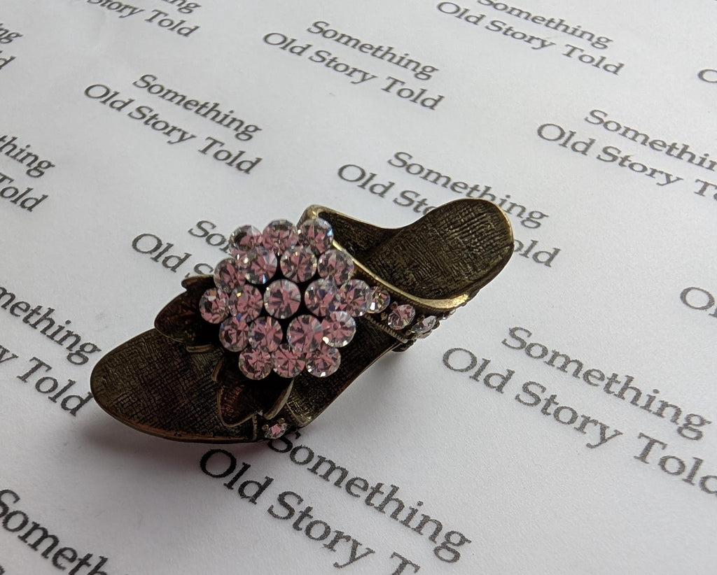 Vintage Rhinestone High Heel Brooch – Antiqued Brass Stiletto Sandal Pin 1980s Costume Jewellery __etsy:8088703221