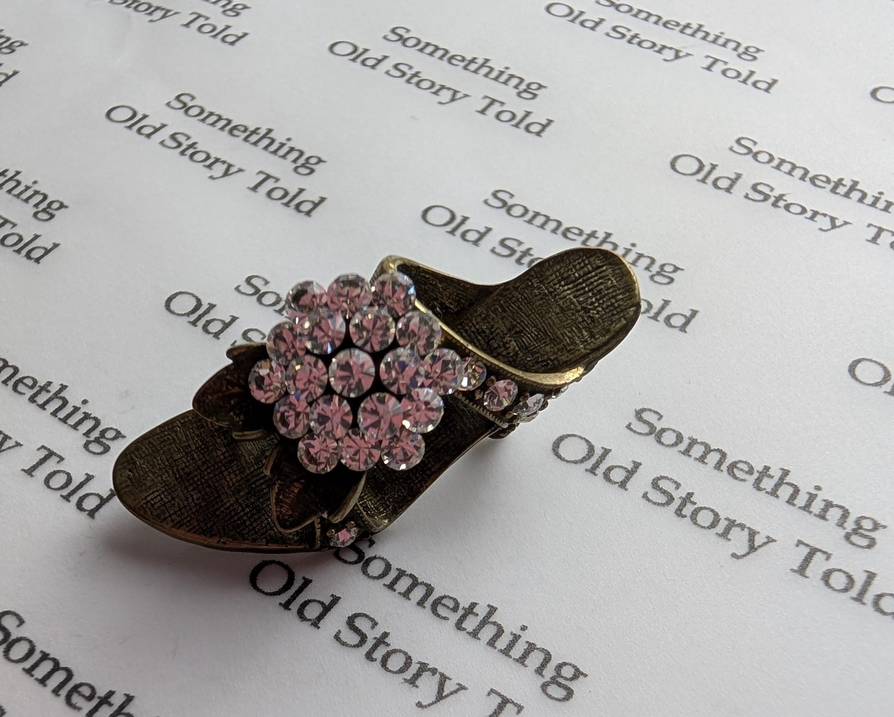 Vintage Rhinestone High Heel Brooch – Antiqued Brass Stiletto Sandal Pin 1980s Costume Jewellery __etsy:8088703221