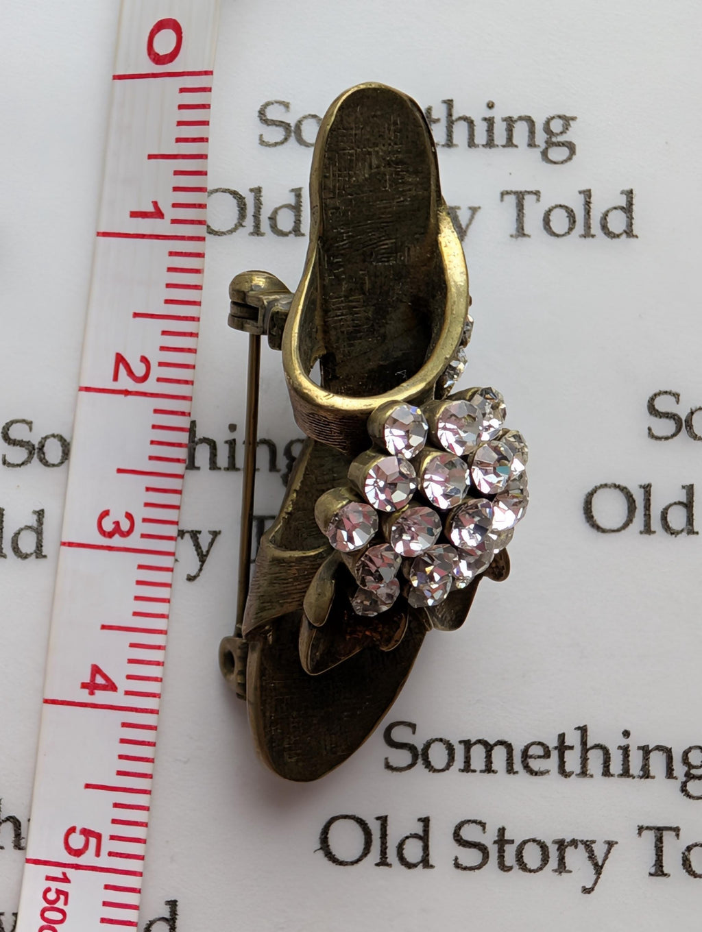 Vintage Rhinestone High Heel Brooch – Antiqued Brass Stiletto Sandal Pin 1980s Costume Jewellery __etsy:8040791078