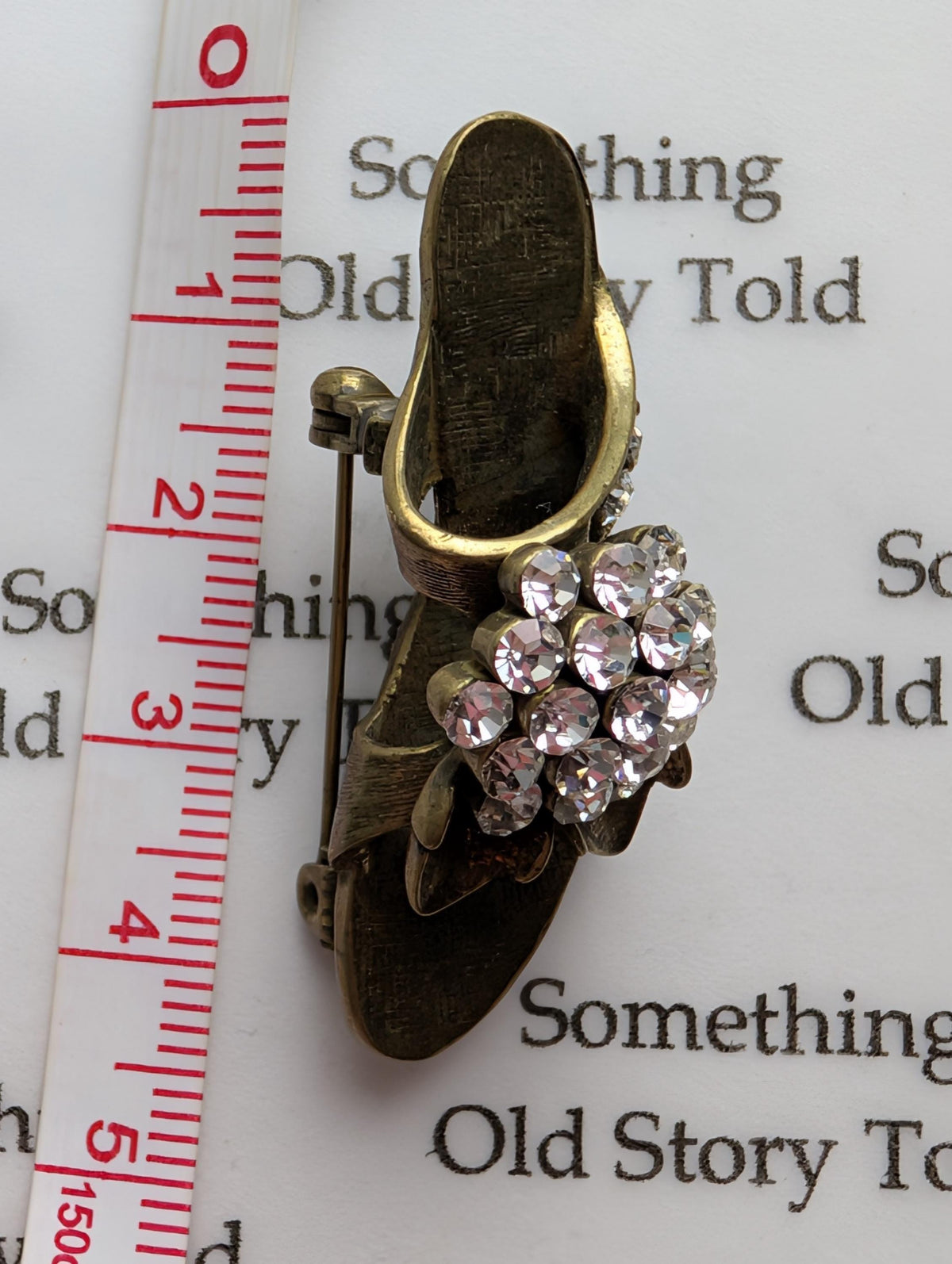 Vintage Rhinestone High Heel Brooch – Antiqued Brass Stiletto Sandal Pin 1980s Costume Jewellery __etsy:8040791078