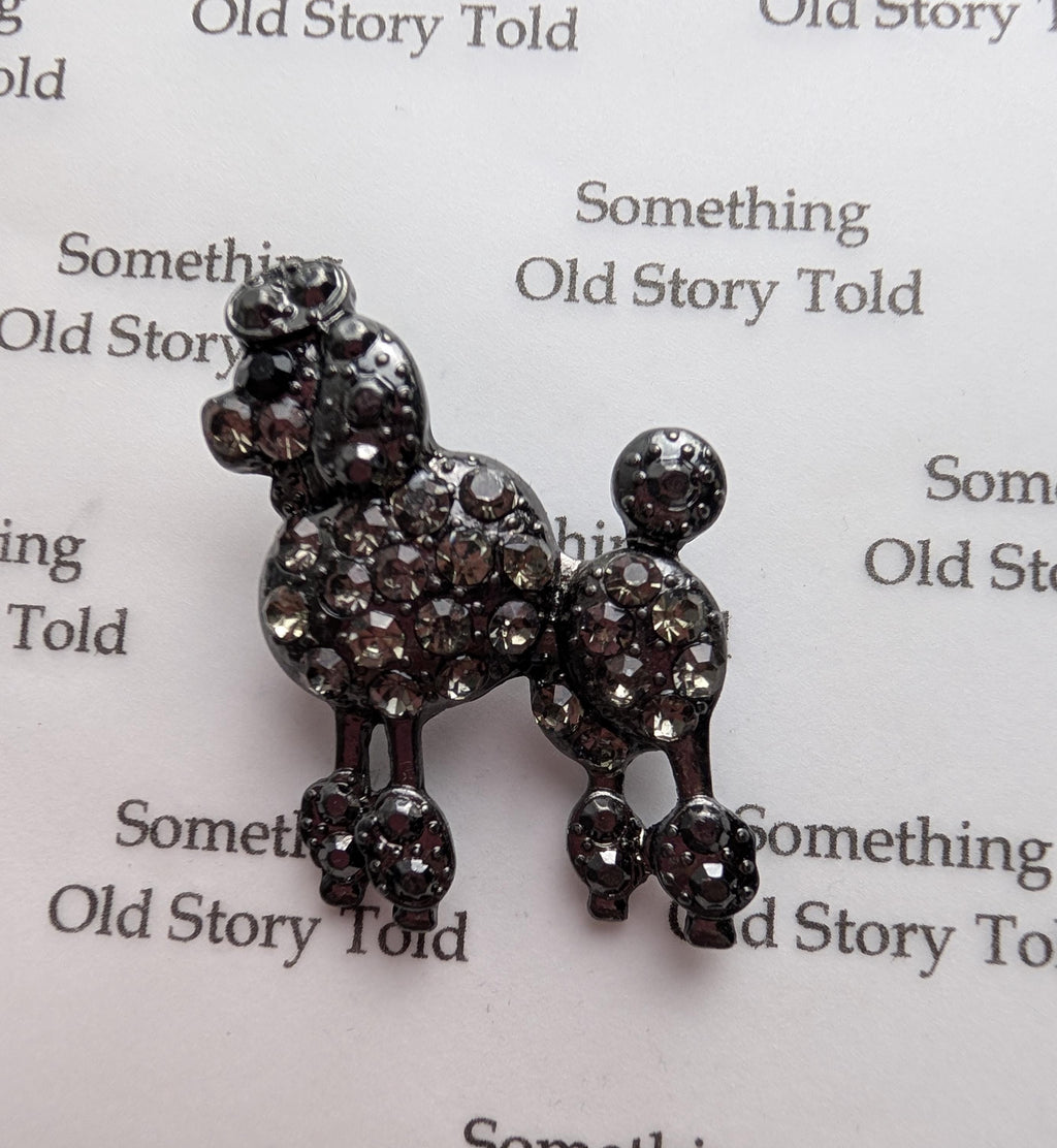 Vintage Rhinestone Poodle Brooch, Gunmetal Smoky Crystal Dog Pin __etsy:8076603529