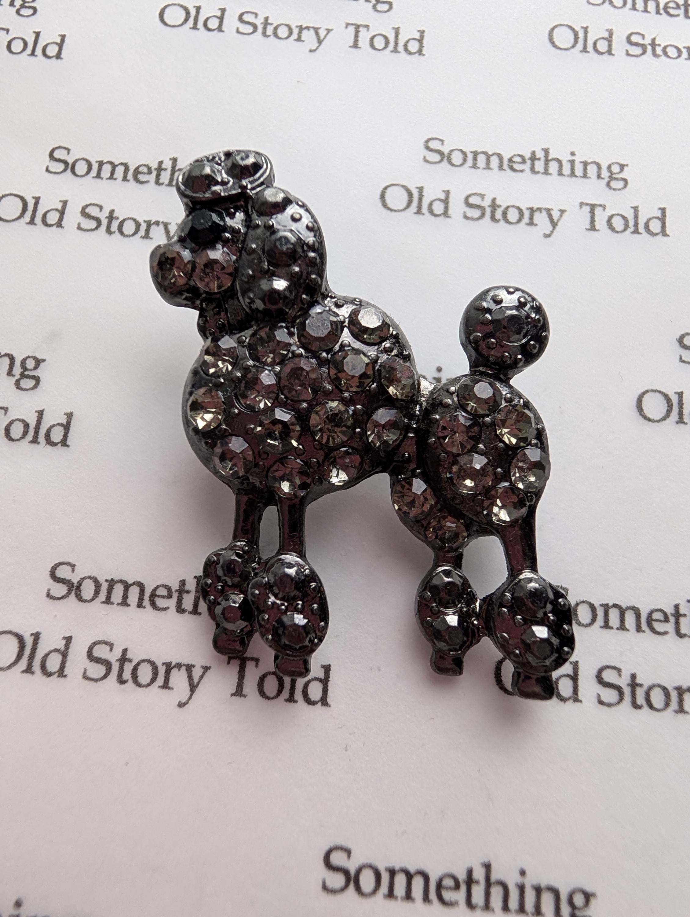 Vintage Rhinestone Poodle Brooch, Gunmetal Smoky Crystal Dog Pin __etsy:8028689490
