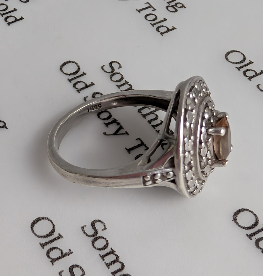 Vintage Sterling Silver Smoky Quartz Halo Ring | Ornate Oval Gemstone Cocktail Ring __etsy:8103563329
