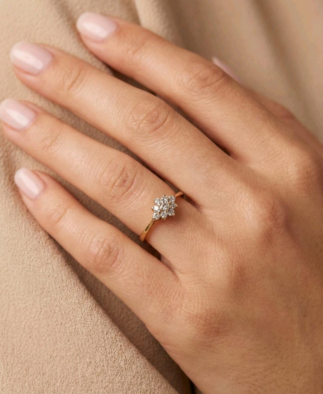 Vintage 9ct Gold Diamond Cluster Ring, 1991 Hallmarked Gold Flower Engagement Ring, Dainty Stacking Ring Size K, Anniversary Gift For Her __etsy:8012604127