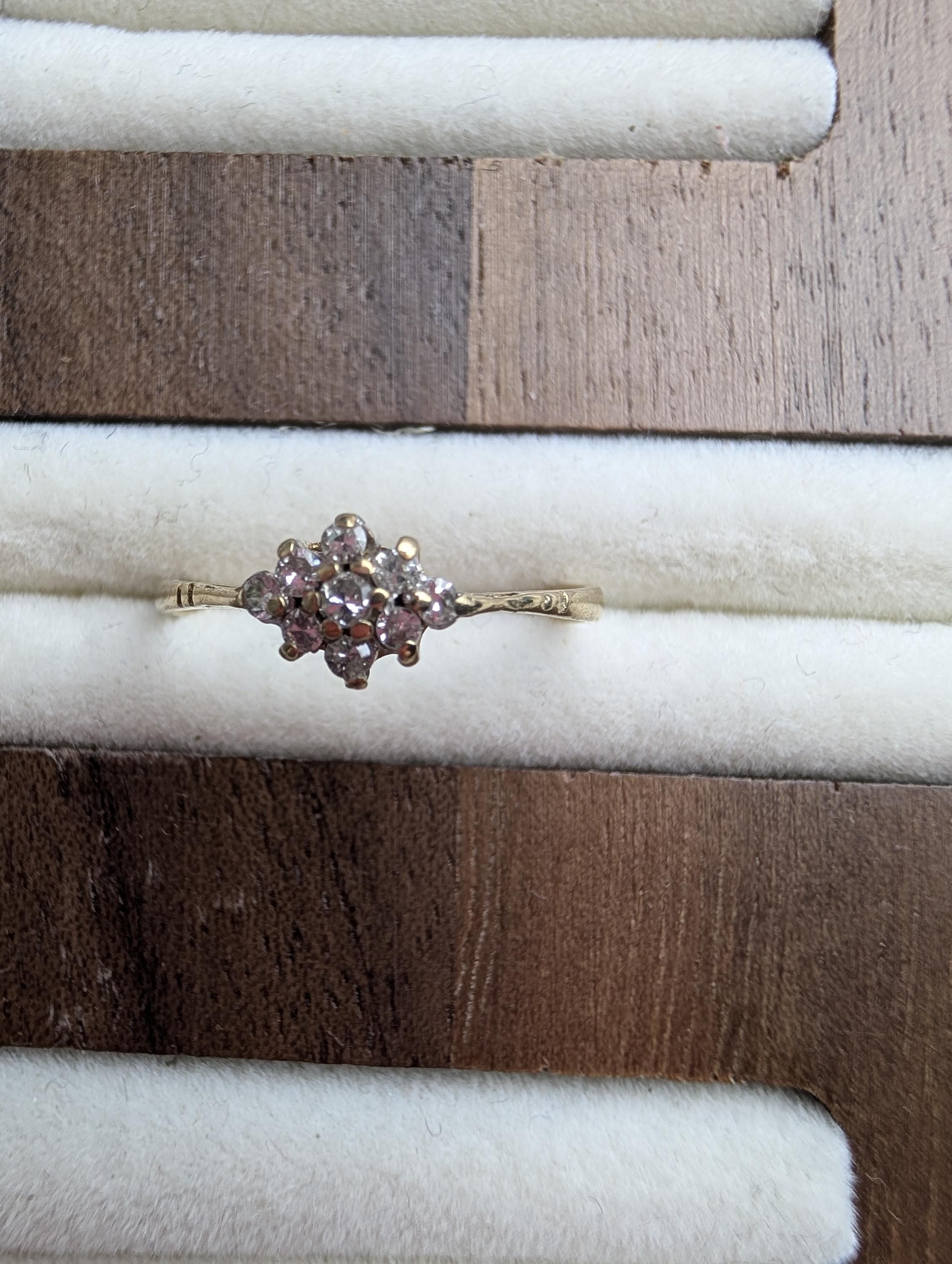 Vintage 9ct Gold Diamond Cluster Ring, 1991 Hallmarked Gold Flower Engagement Ring, Dainty Stacking Ring Size K, Anniversary Gift For Her __etsy:8118887341