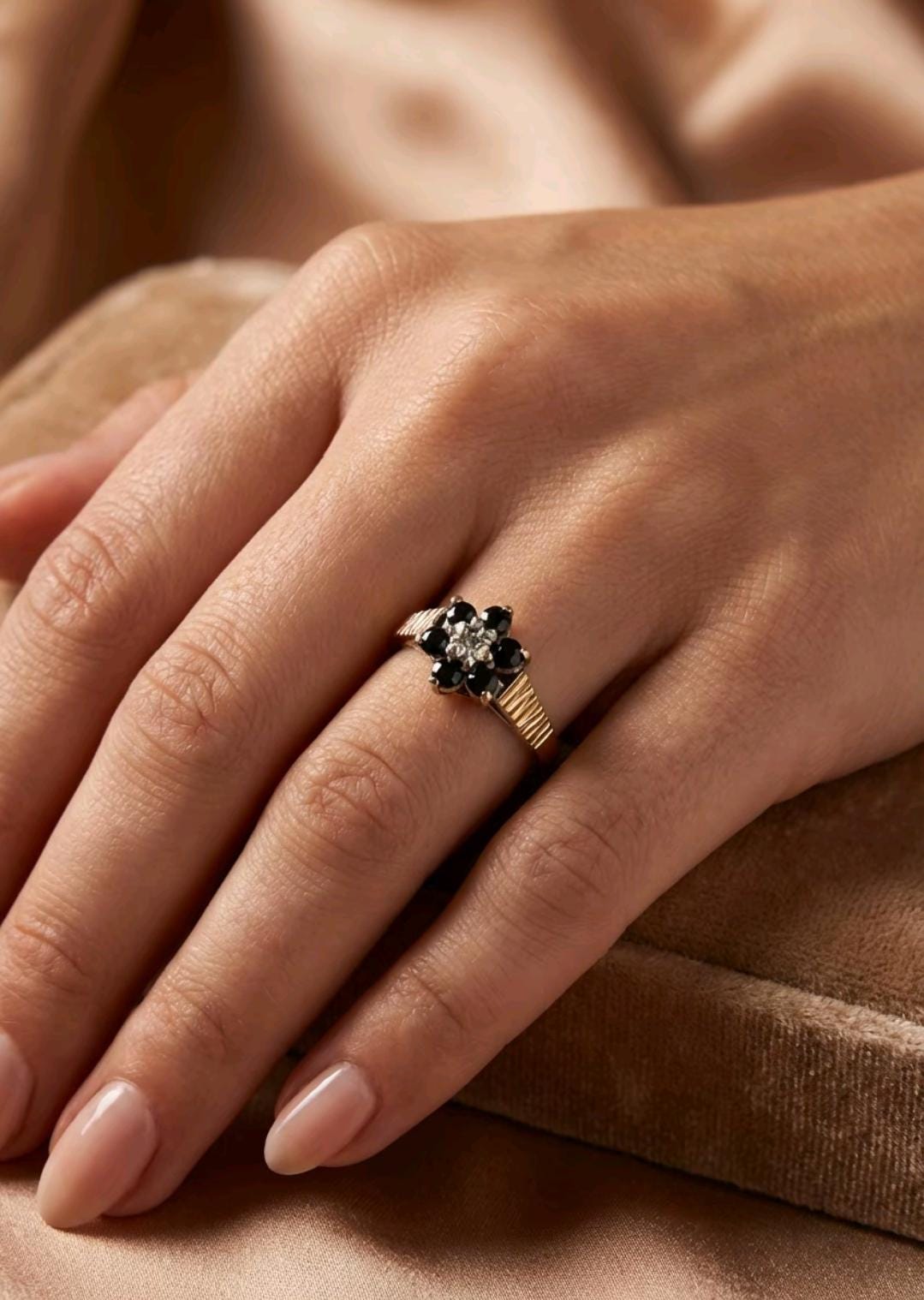 Vintage 1986 9ct Gold Sapphire & Diamond Floral Cluster Ring | Size M | Hallmarked 375 | Anniversary Gift __etsy:7943358616