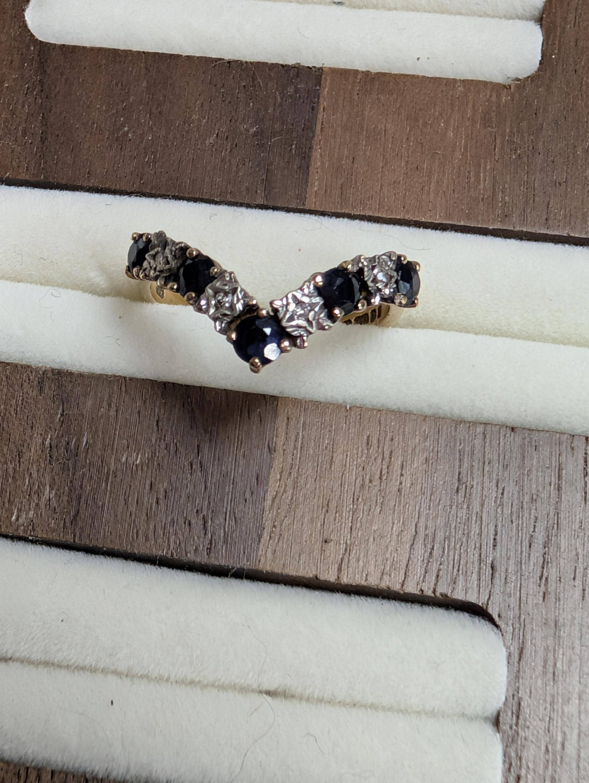 Vintage 9ct Gold Sapphire and Diamond Wishbone Ring | Chevron Stacking Band | Deep Blue Sapphire V-Shape Ring | September Birthstone Gift __etsy:7880211764