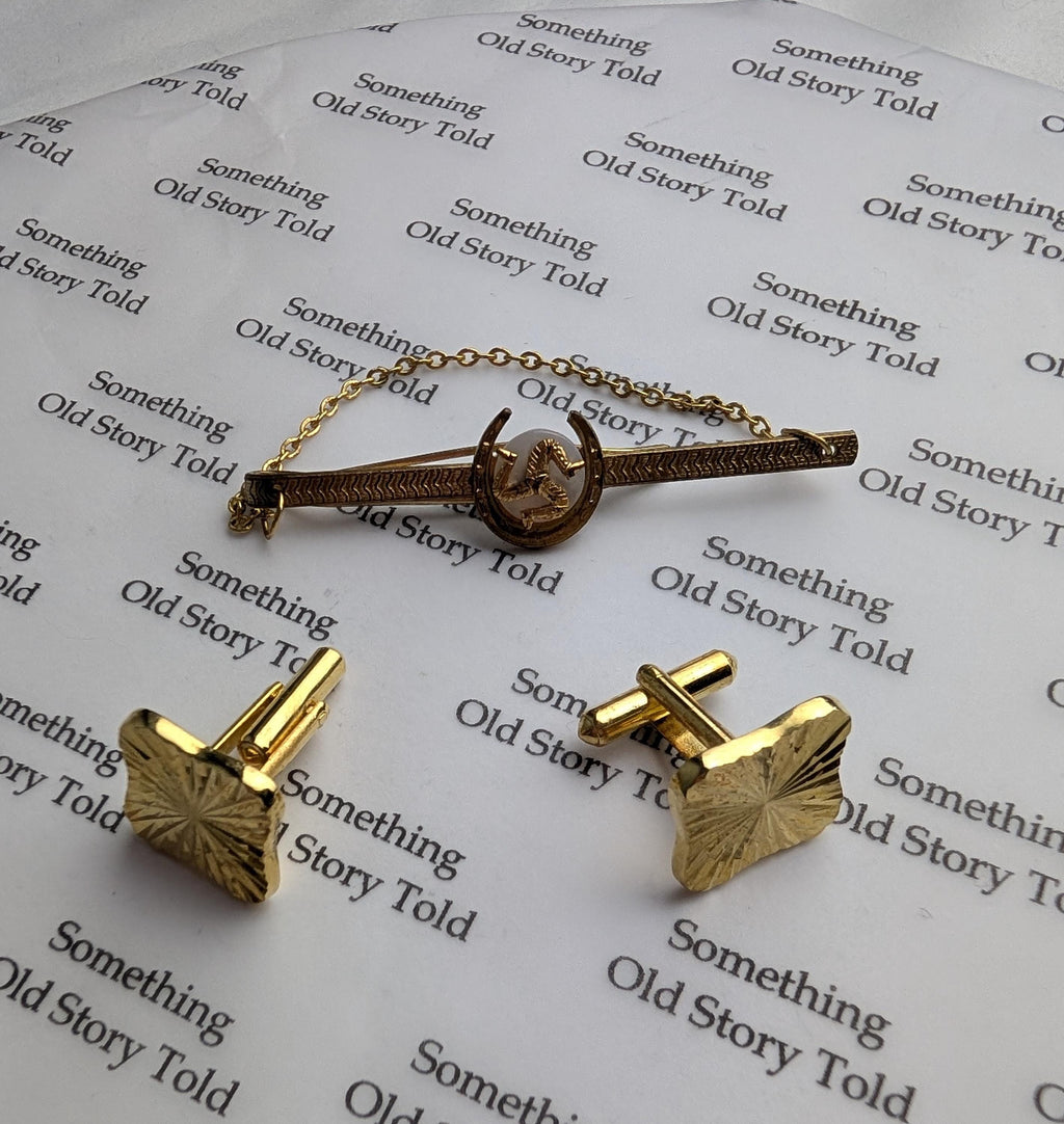 Vintage 1960s Gold Plated Cufflinks Tie Pin, Isle of Man Triskelion Mother of Pearl __etsy:8081912878