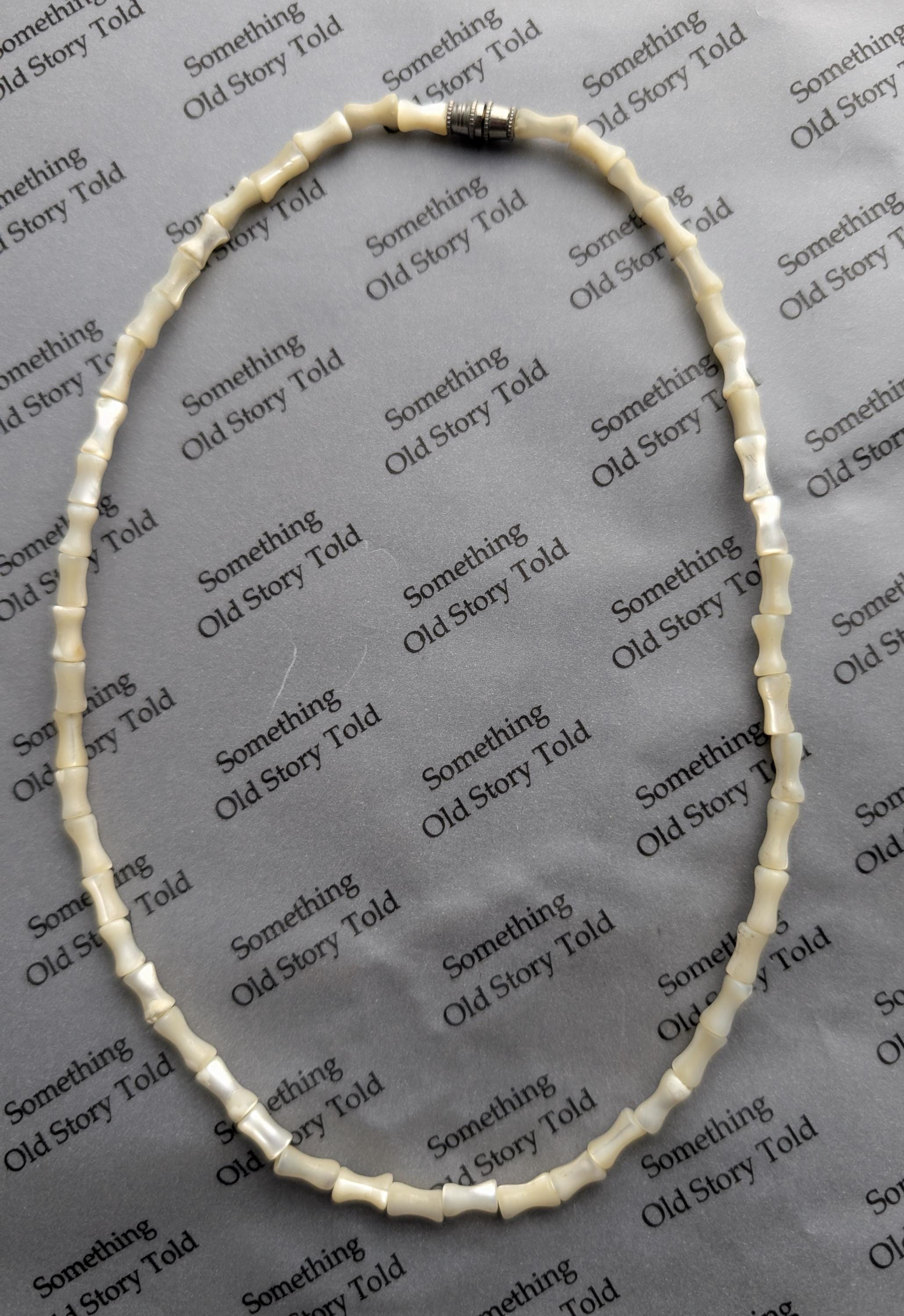 Vintage 1950s Mother of Pearl Necklace | Carved Shell Bar Beads | Mid Century Nautical Choker __etsy:8046277125
