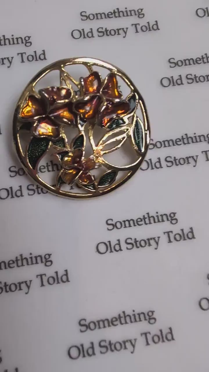 Vintage Gold Tone Enamel Flower Brooch, Round Openwork Botanical Pin