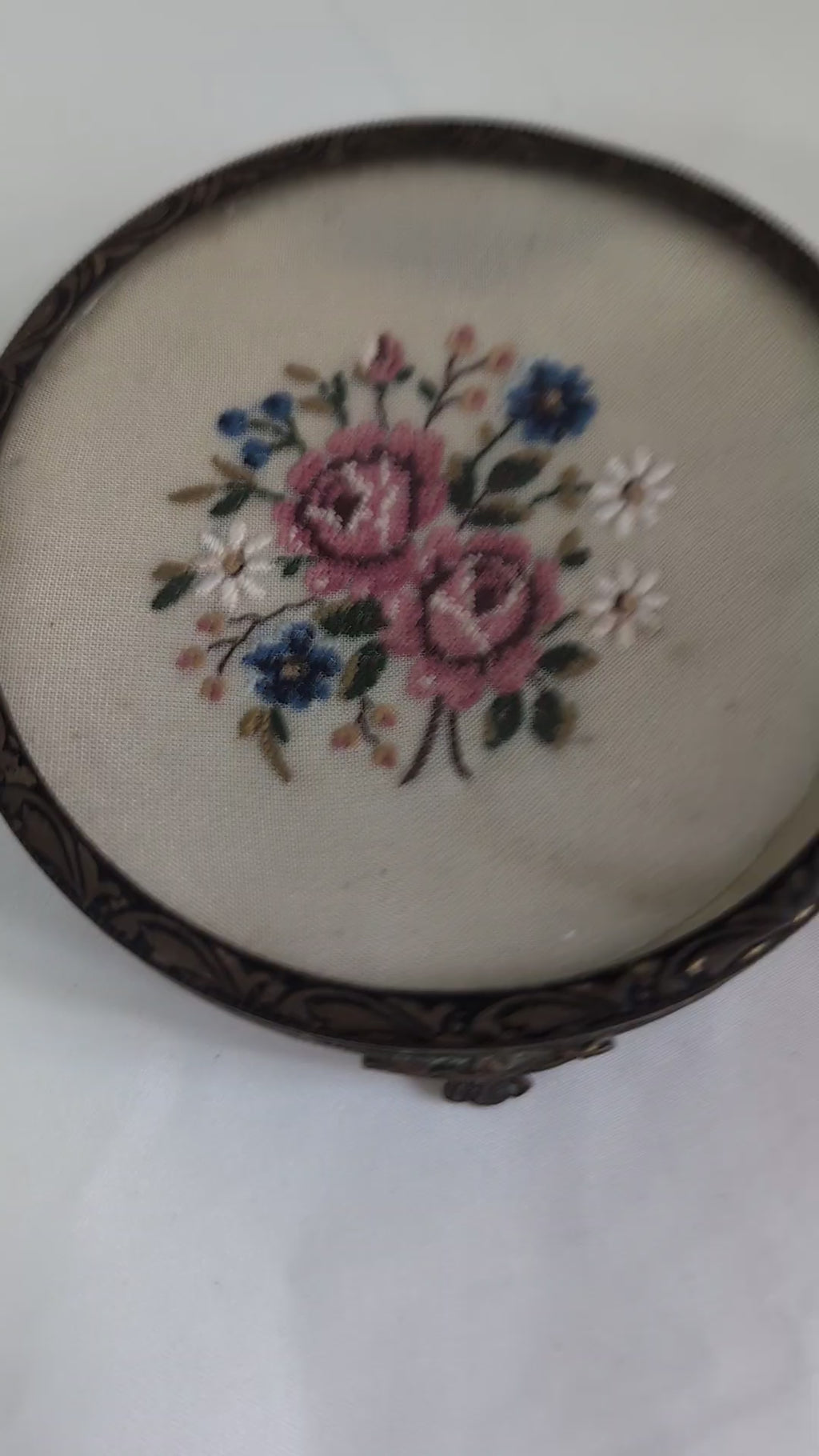 Vintage Embroidered Petit Point Dressing Table Tray, Gilt Ormolu Footed Vanity Trinket Dish, Glass Floral Coaster